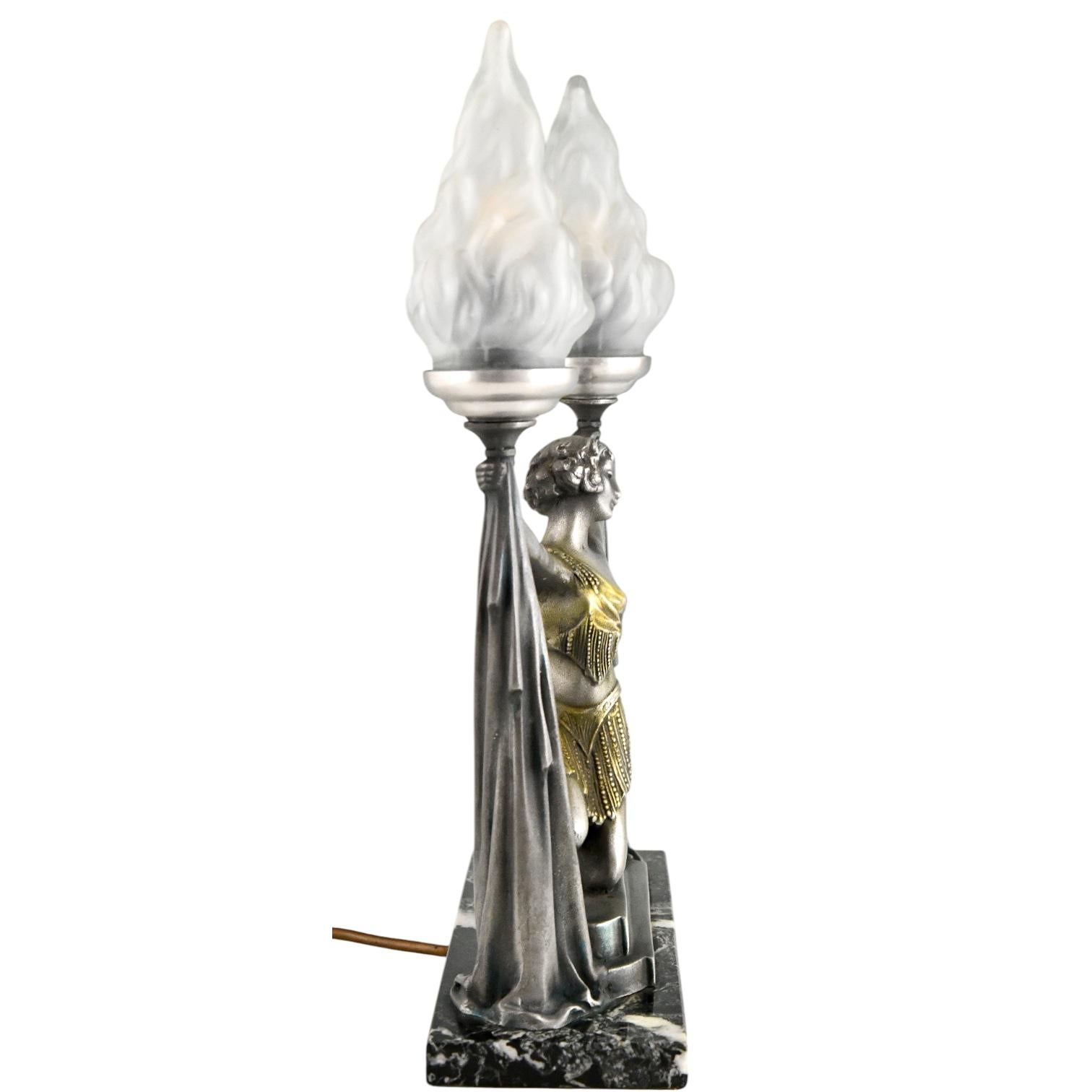 Art Deco Lamp Lady with Torches by Emile Carlier – 1930 French Sculpture For Sale 2