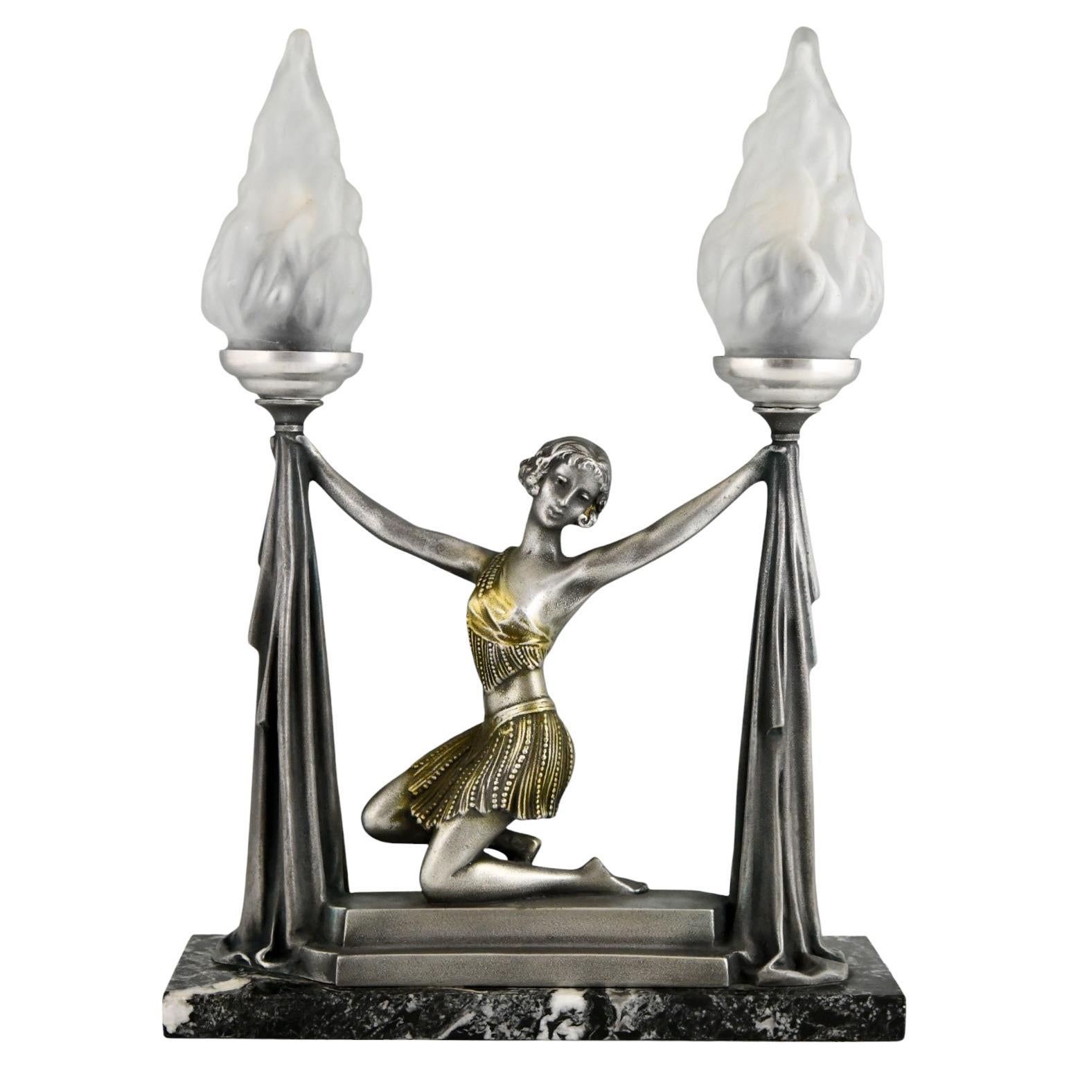 Art Deco Lamp Lady with Torches by Emile Carlier – 1930 French Sculpture For Sale