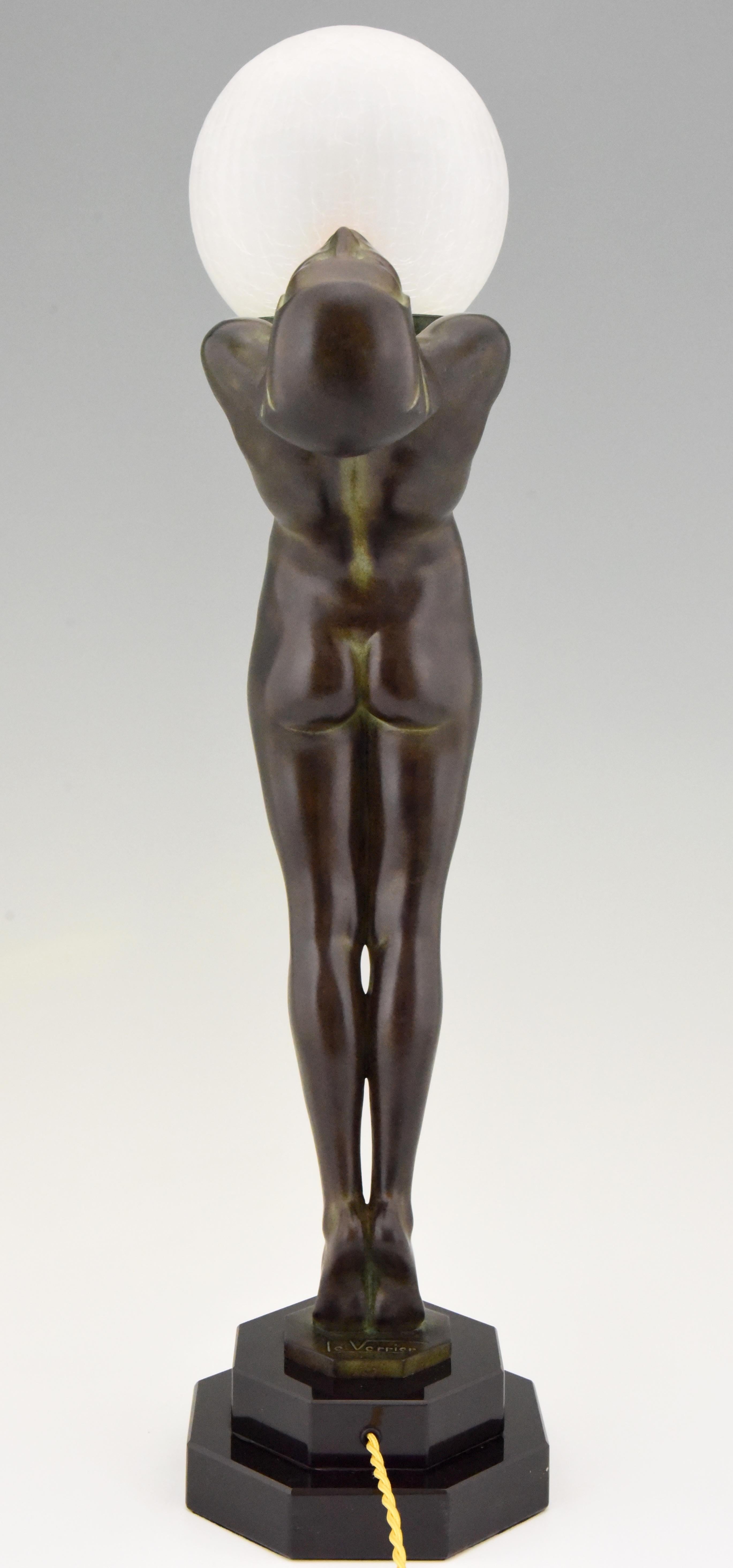 Patinated Art Deco Style Lamp Clarté Standing Nude Sculpture Max Le Verrier H 25 in, 64 cm