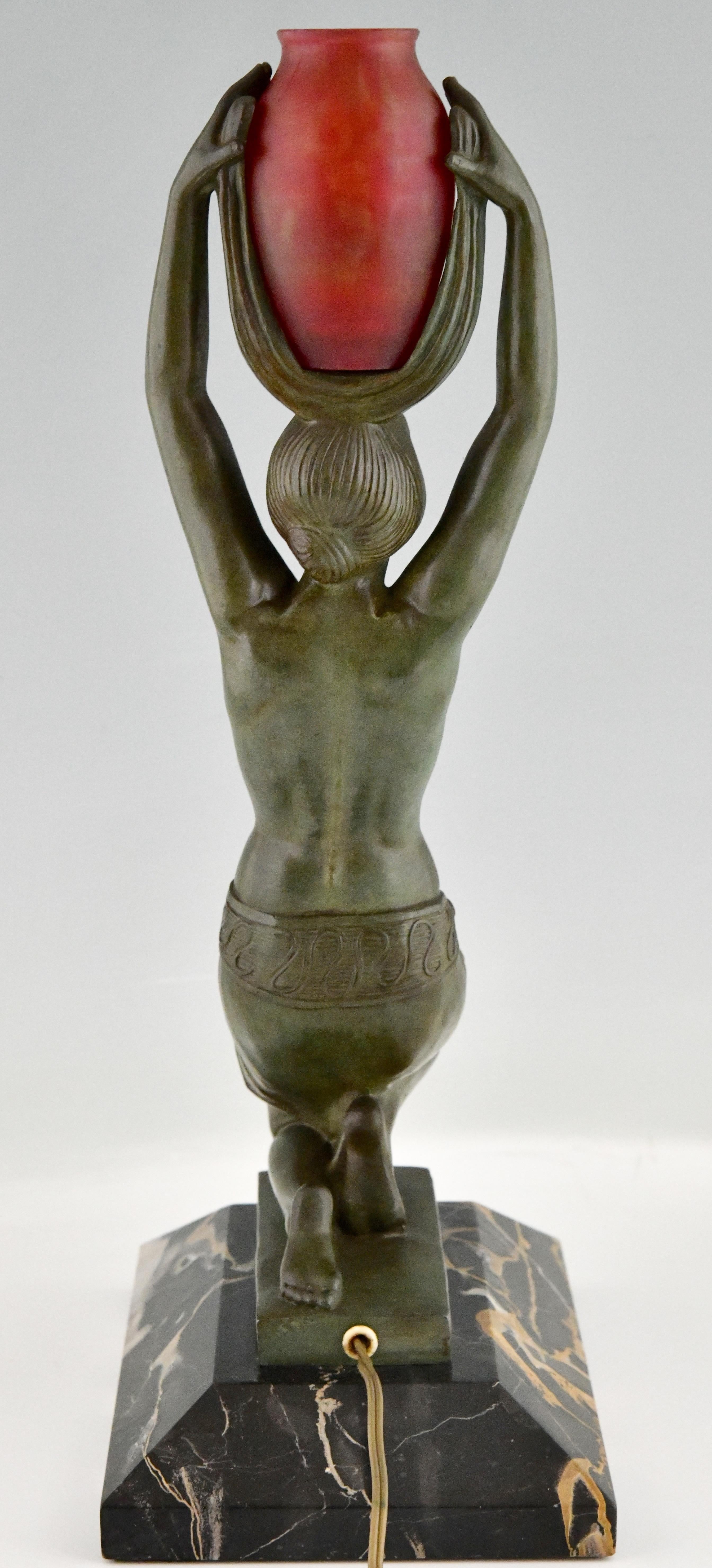 Metal Art Deco Lamp Nude with Vase by Fayral P. Le Faguays Daum Vers L'oasis 1930 For Sale