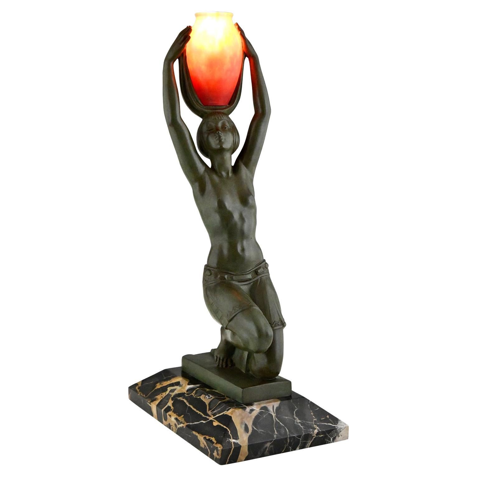 Art Deco Lamp Nude with Vase by Fayral P. Le Faguays Daum Vers L'oasis 1930 For Sale