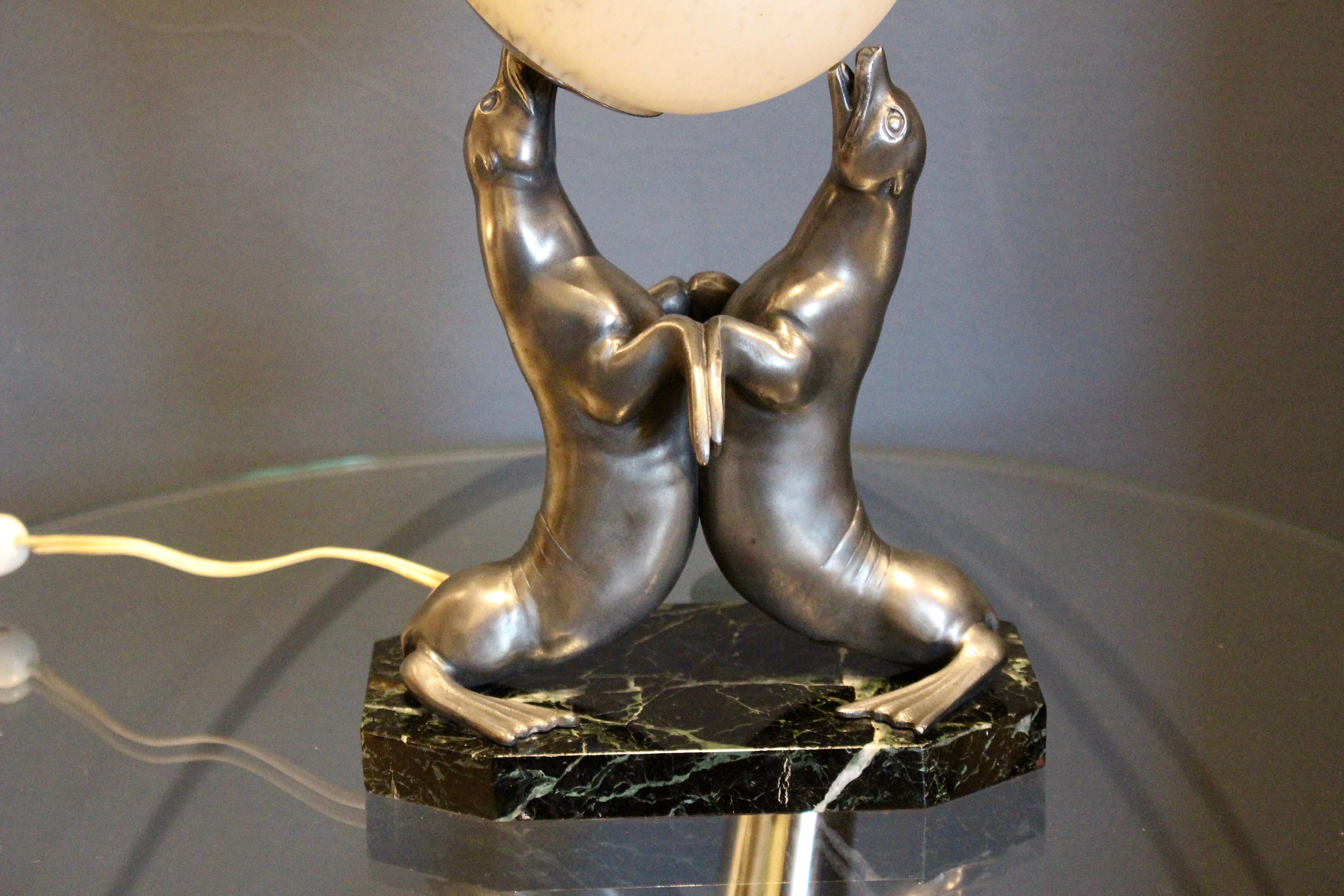 French Art Deco Lamp of Sea Lions Playing with a Ball Attributed to Louis Albert Carvin