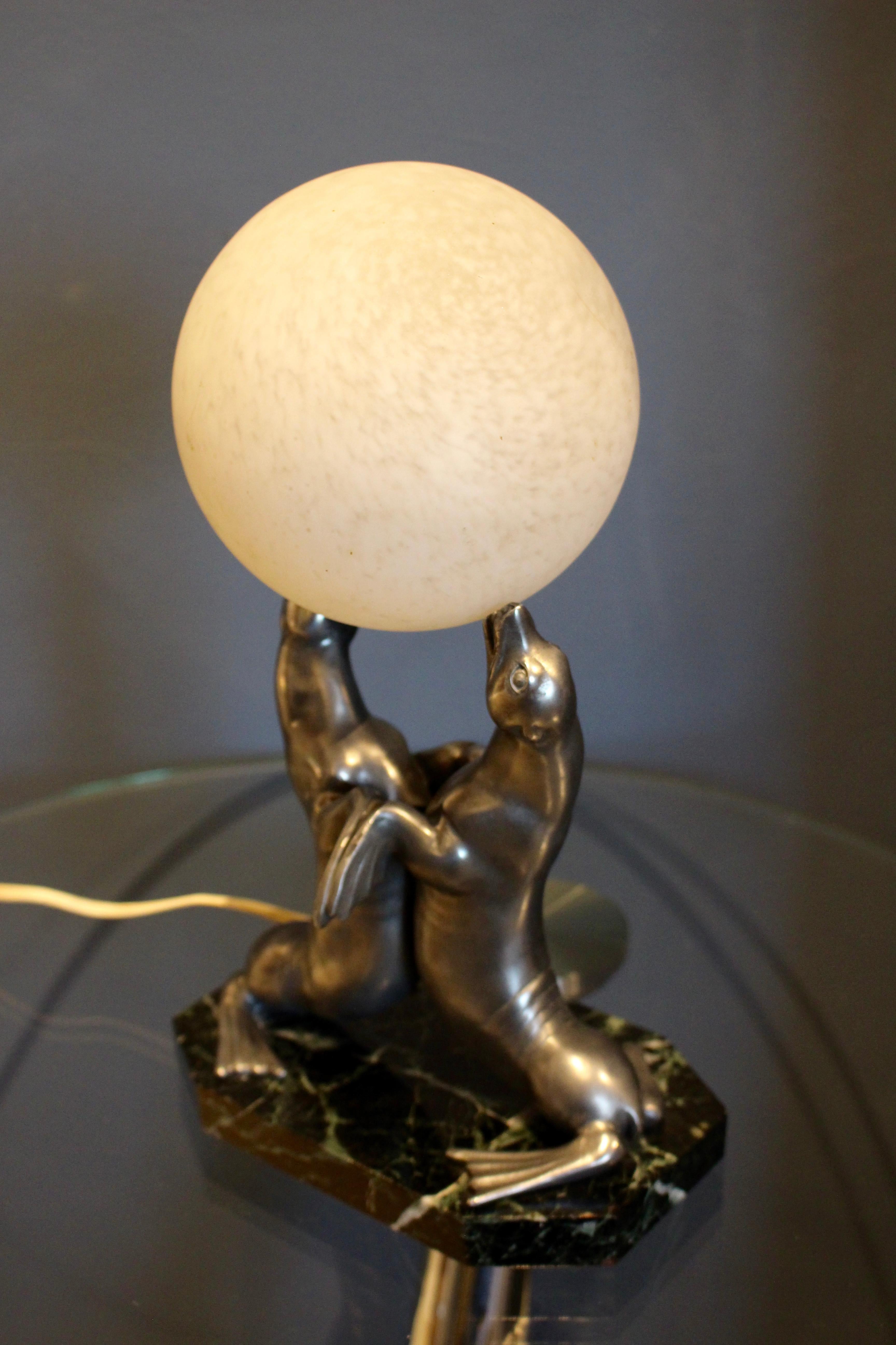 Mid-20th Century Art Deco Lamp of Sea Lions Playing with a Ball Attributed to Louis Albert Carvin