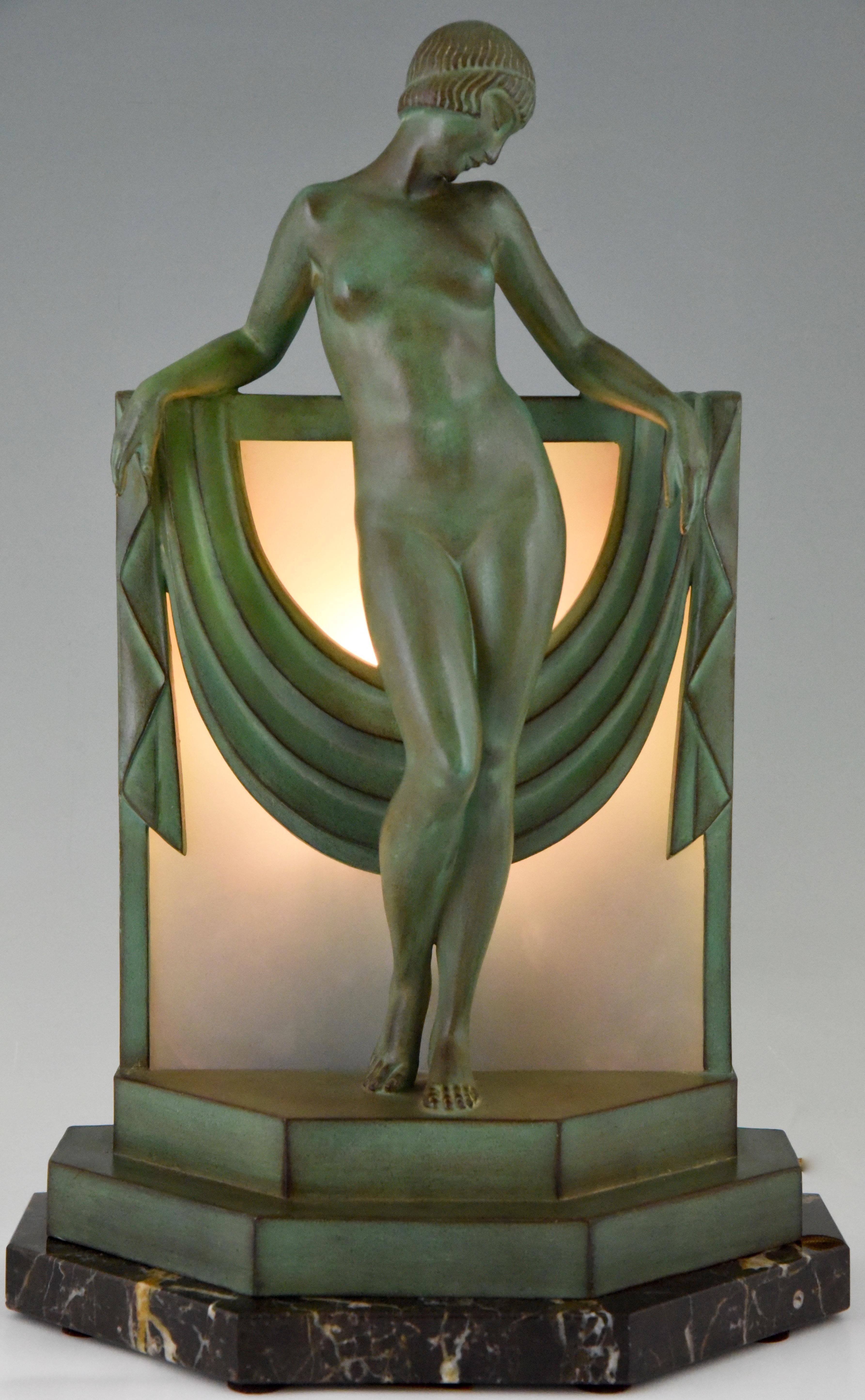French Art Deco Lamp Sculpture Nude with Scarf Fayral Max Le Verrier 1930 France