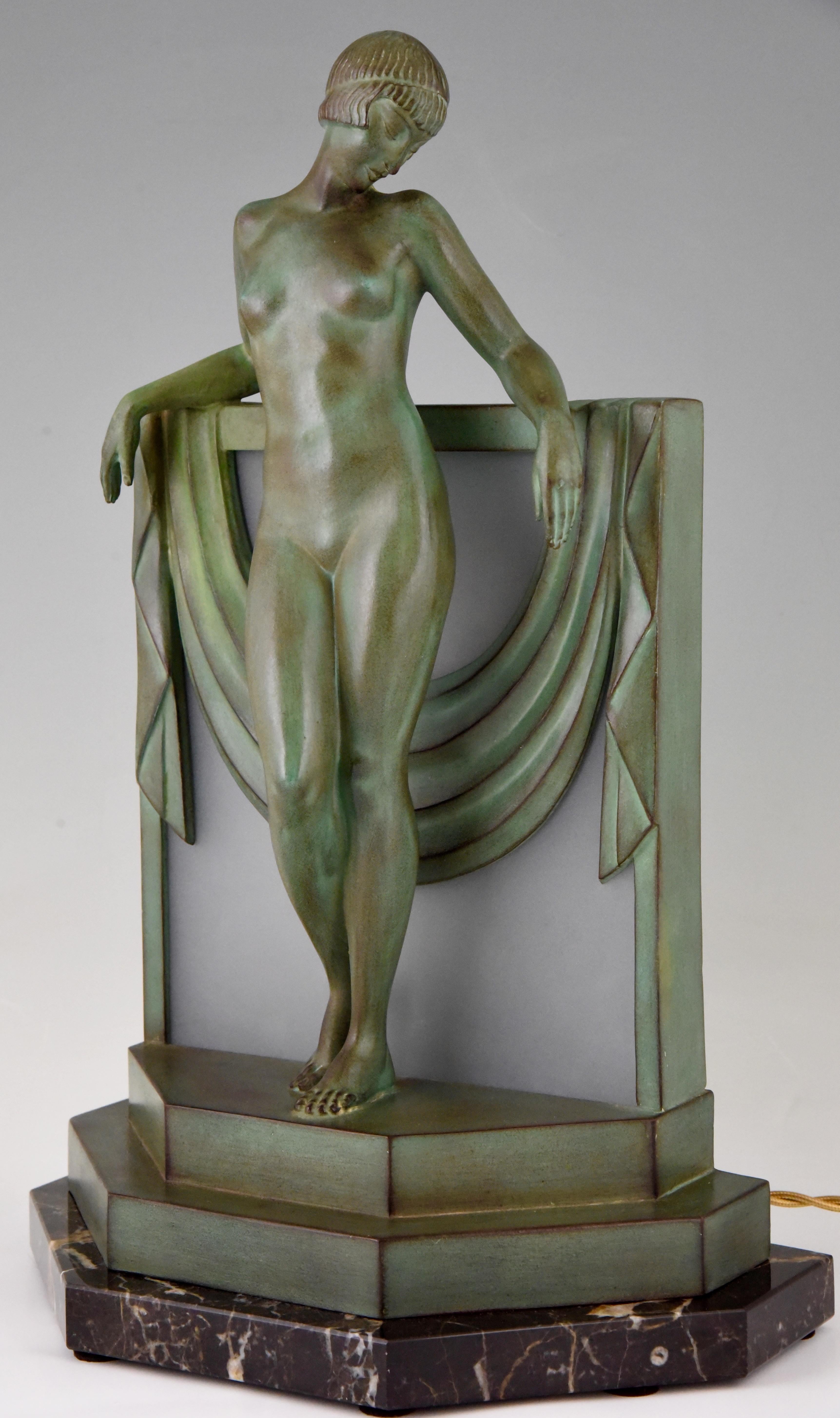 Art Deco Lamp Sculpture Nude with Scarf Fayral Max Le Verrier 1930 France In Good Condition In Antwerp, BE