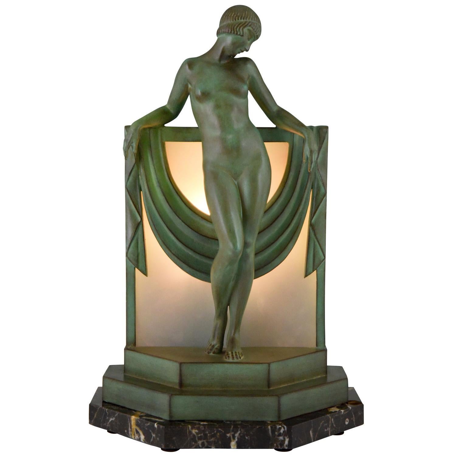 Art Deco Lamp Sculpture Nude with Scarf Fayral Max Le Verrier 1930 France