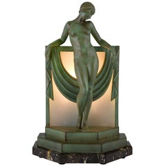 Lampe Art Déco Sculpture Nu avec Foulard Fayral Max Le Verrier 1930 France