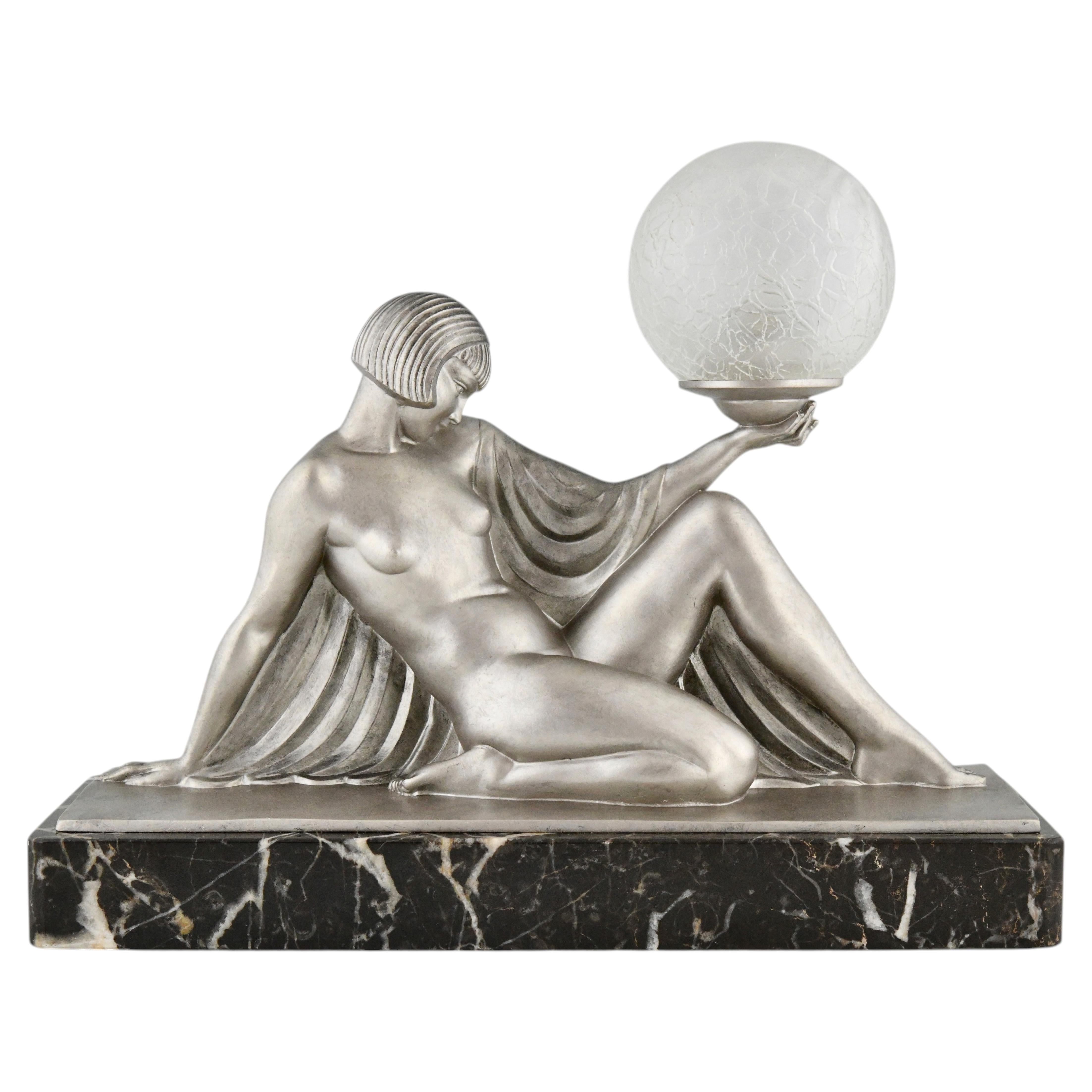 Art Deco Lamp Seated Lady with Drape Guerbe & Max Le Verrier Rèverie France 1930 For Sale