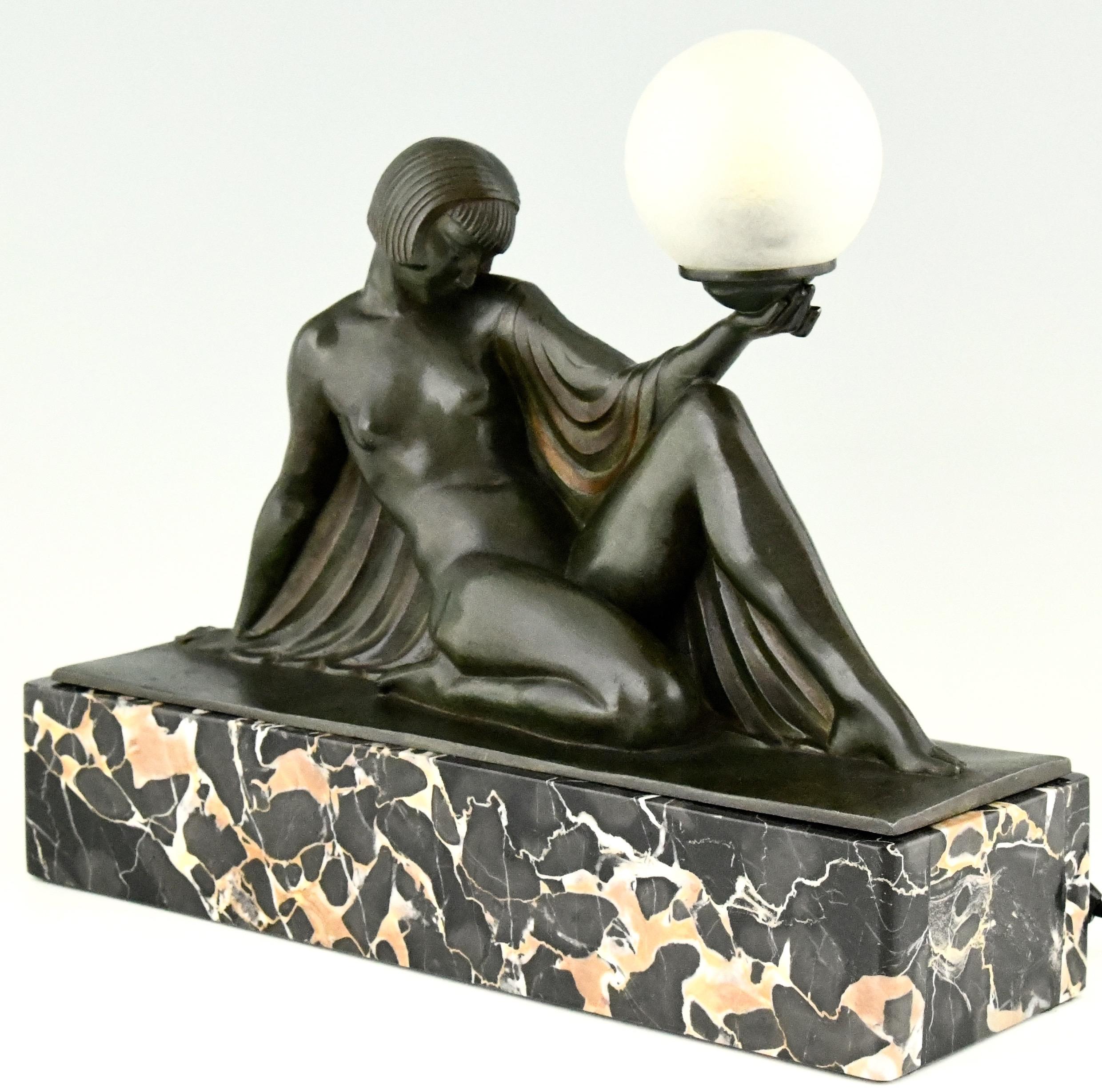 Patinated Art Deco Lamp Seated Nude with Drape Guerbe & Daum for Max Le Verrier, Rèverie