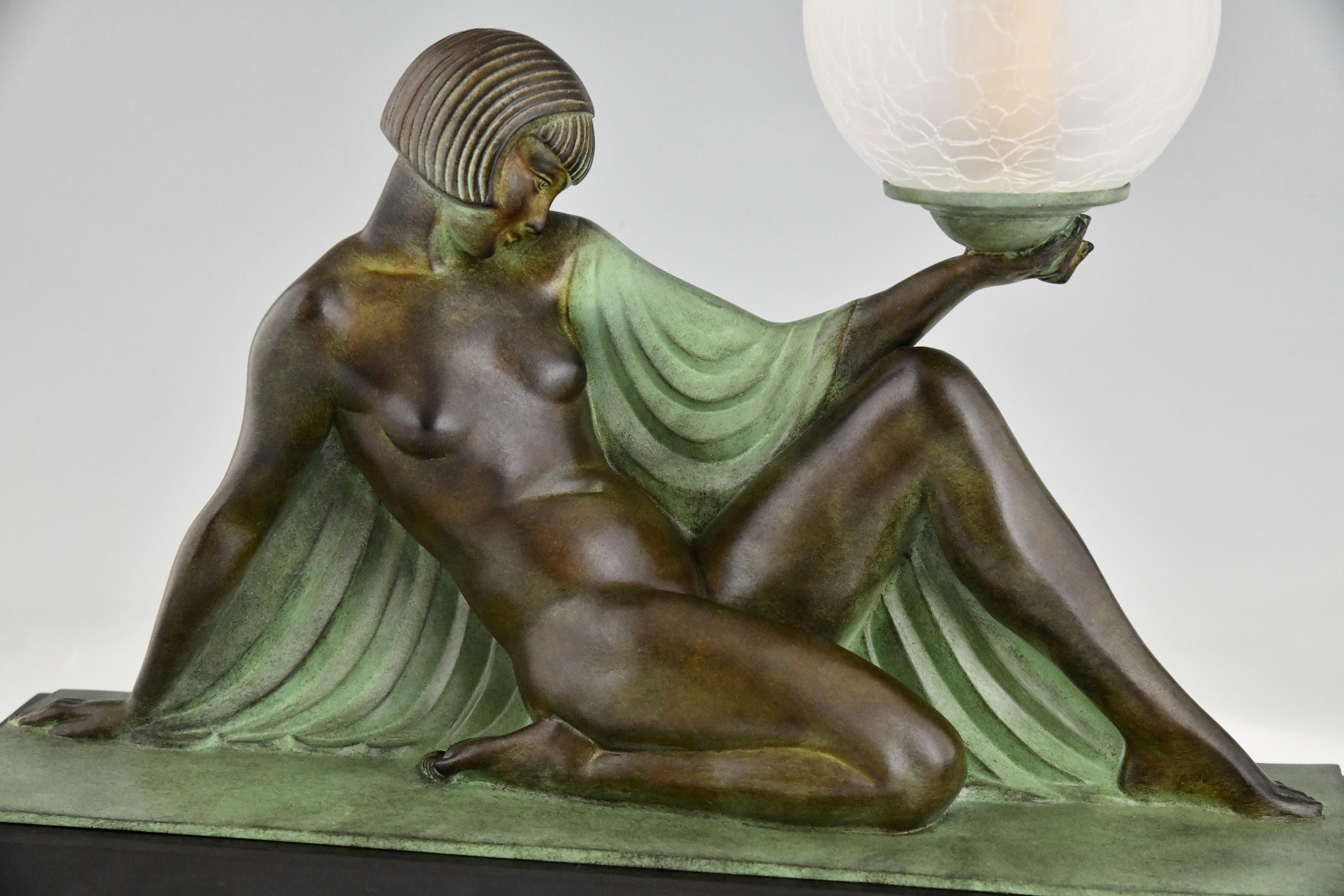 Metal Art Deco Lamp Seated Nude with Drape Guerbe & Max Le Verrier, Rèverie For Sale