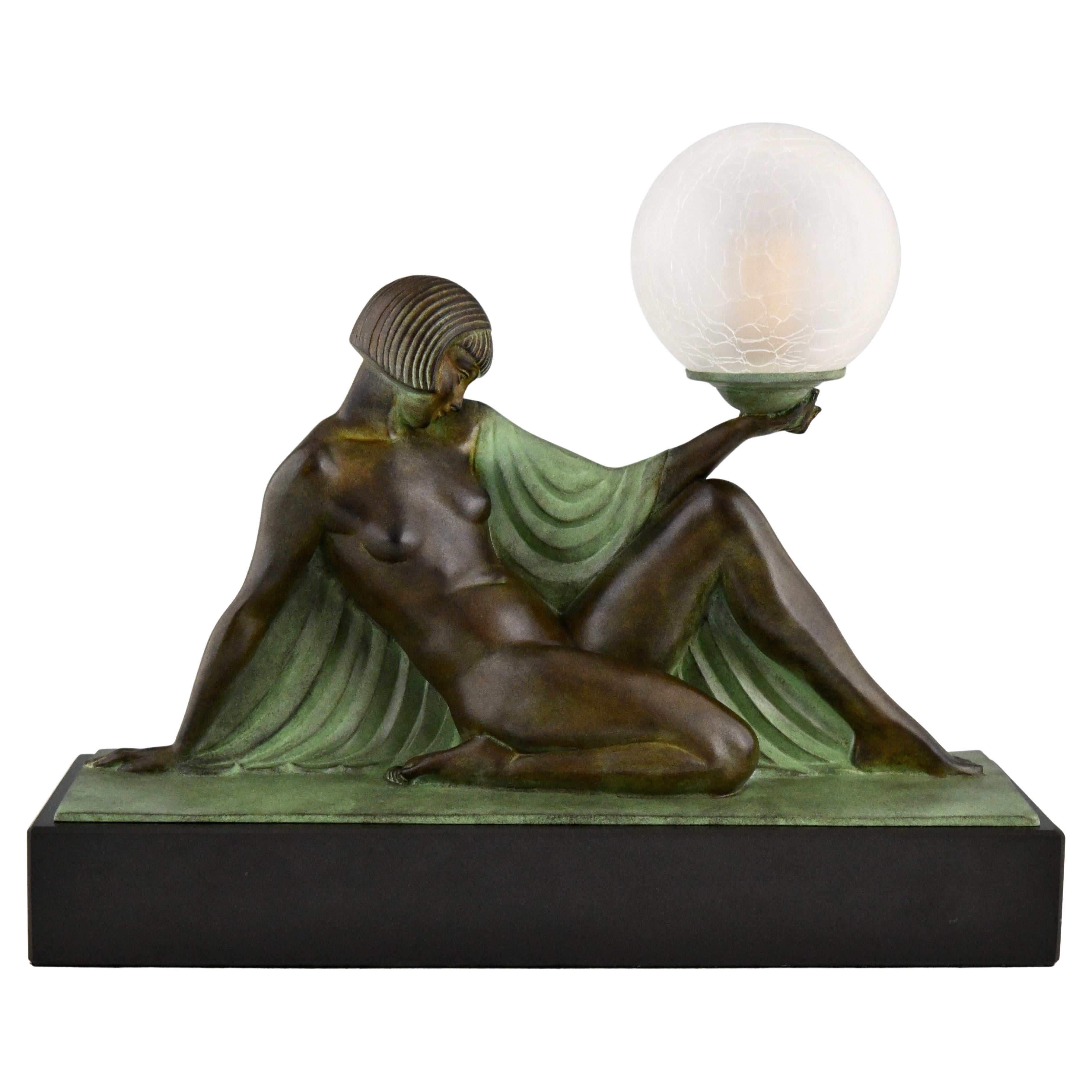 Art Deco Lampe Sitzender Akt mit Vorhang Guerbe & Max Le Verrier, Rèverie