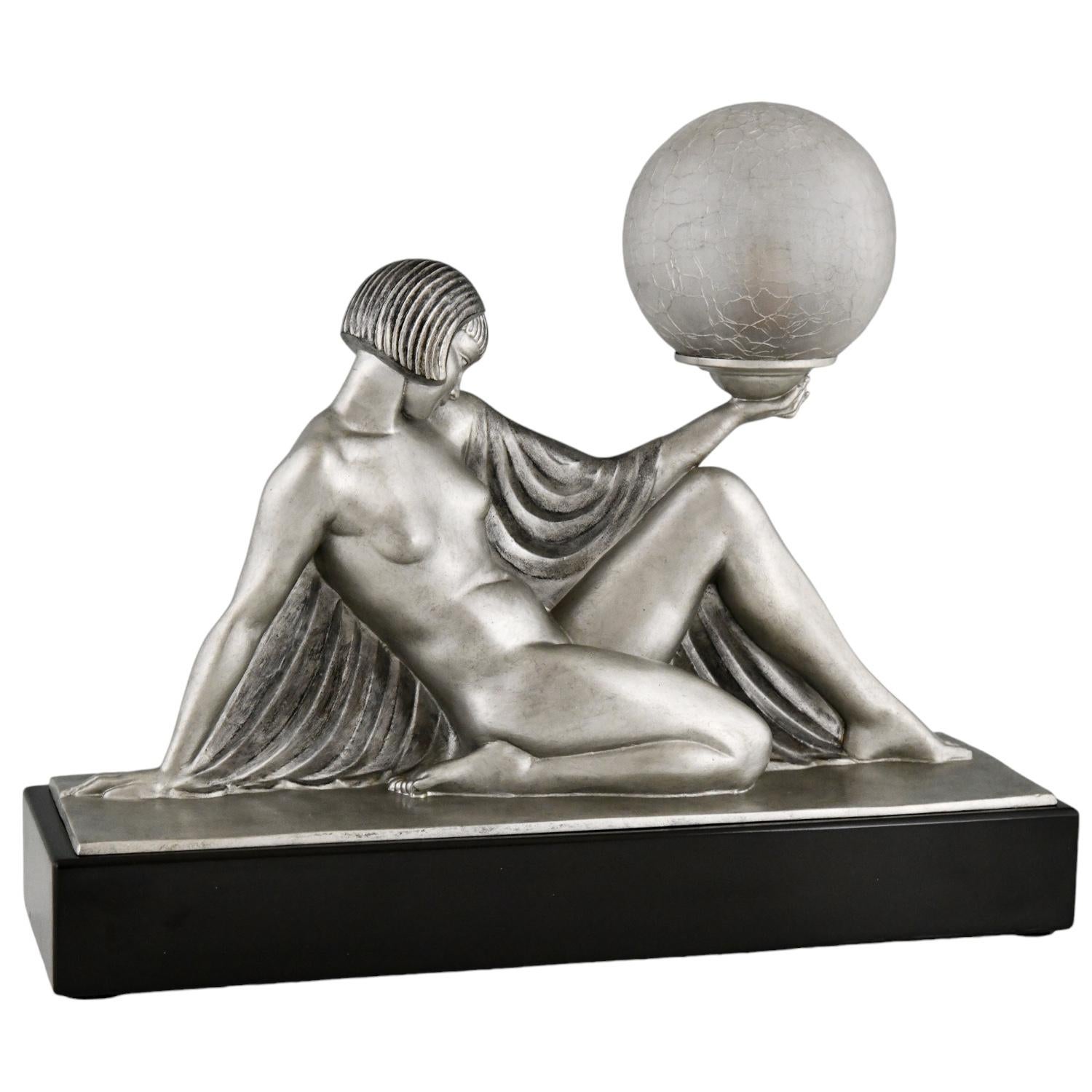 French Art Deco Lamp Seated Nude with Drape Guerbe & Max Le Verrier Rèverie France 1930
