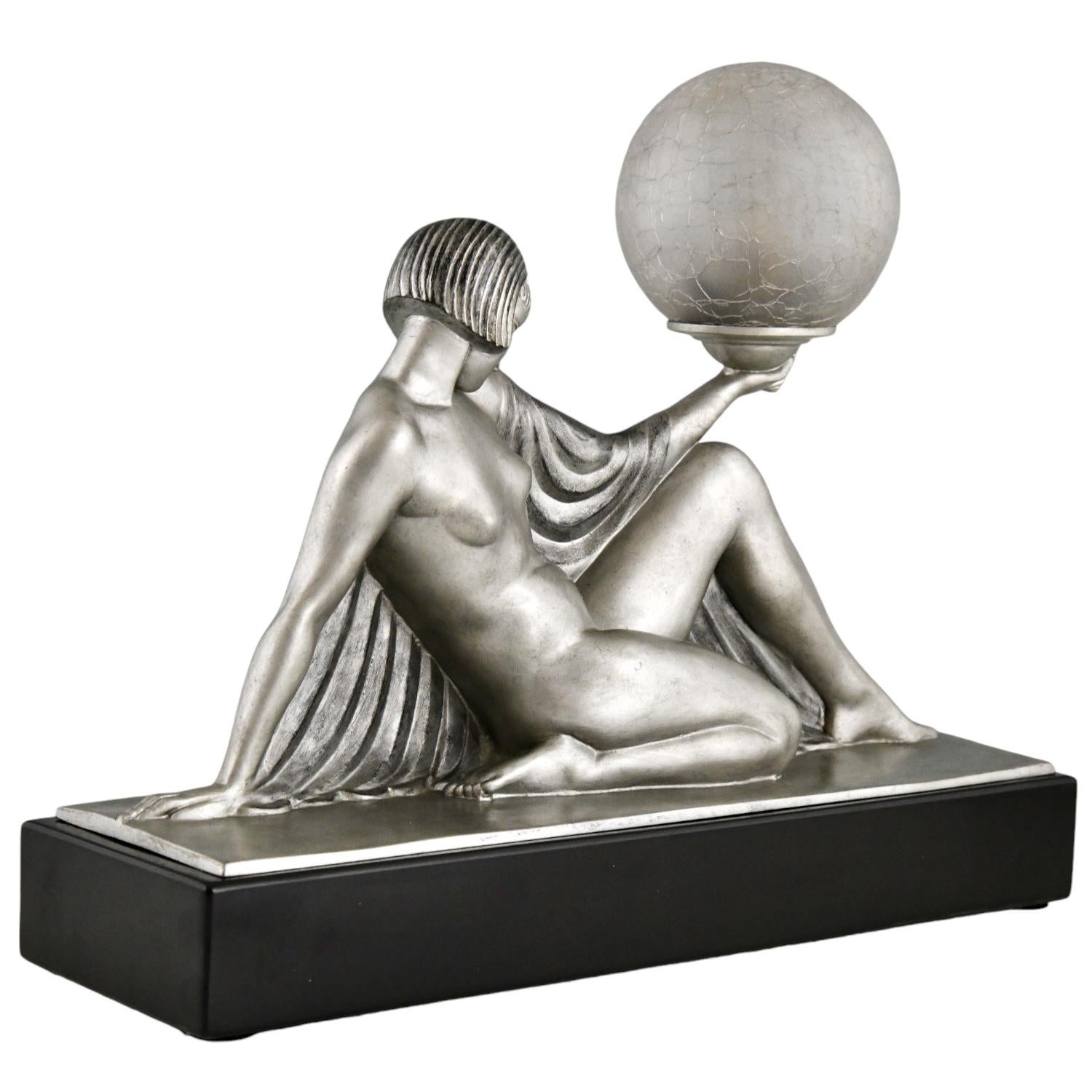 Patinated Art Deco Lamp Seated Nude with Drape Guerbe & Max Le Verrier Rèverie France 1930