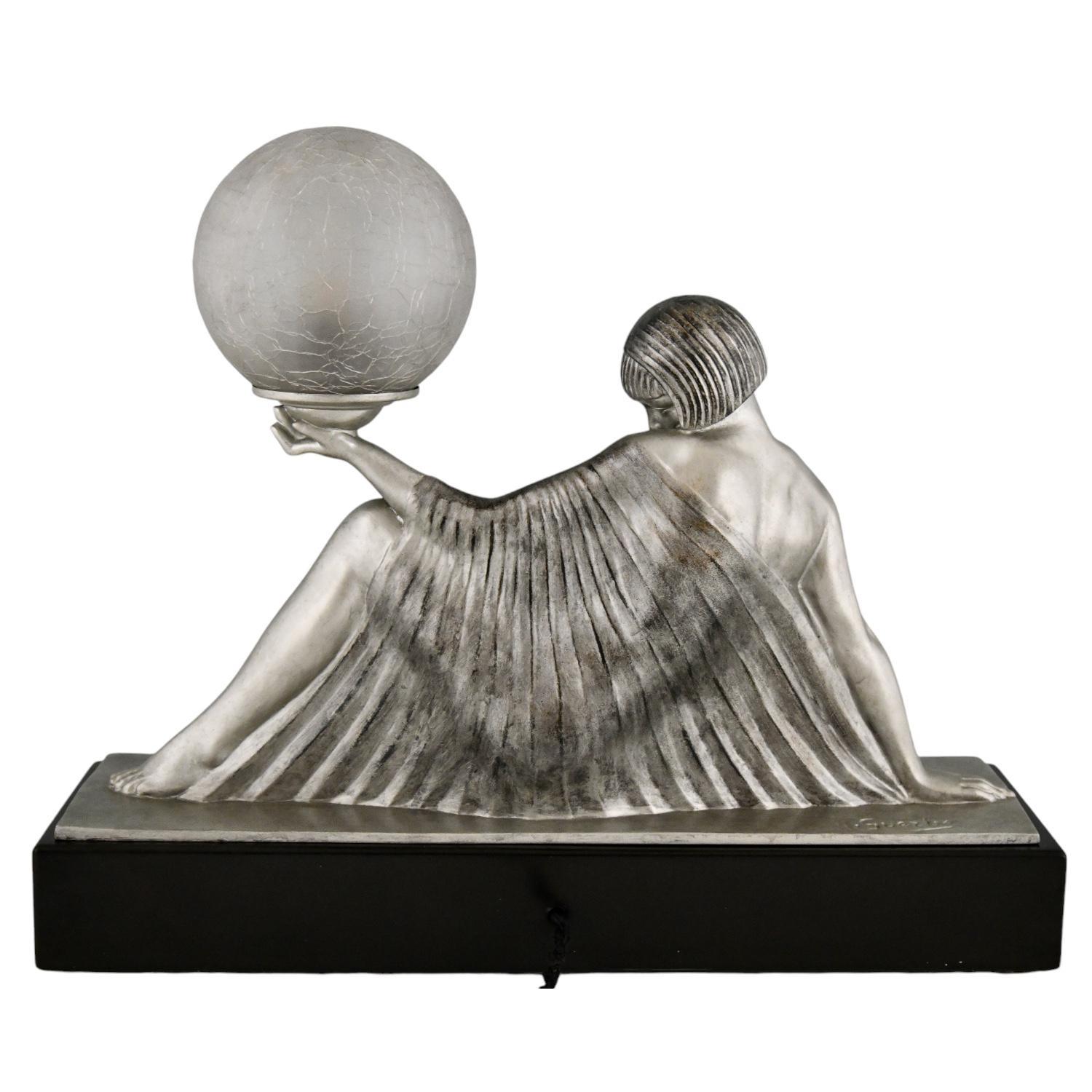 Mid-20th Century Art Deco Lamp Seated Nude with Drape Guerbe & Max Le Verrier Rèverie France 1930