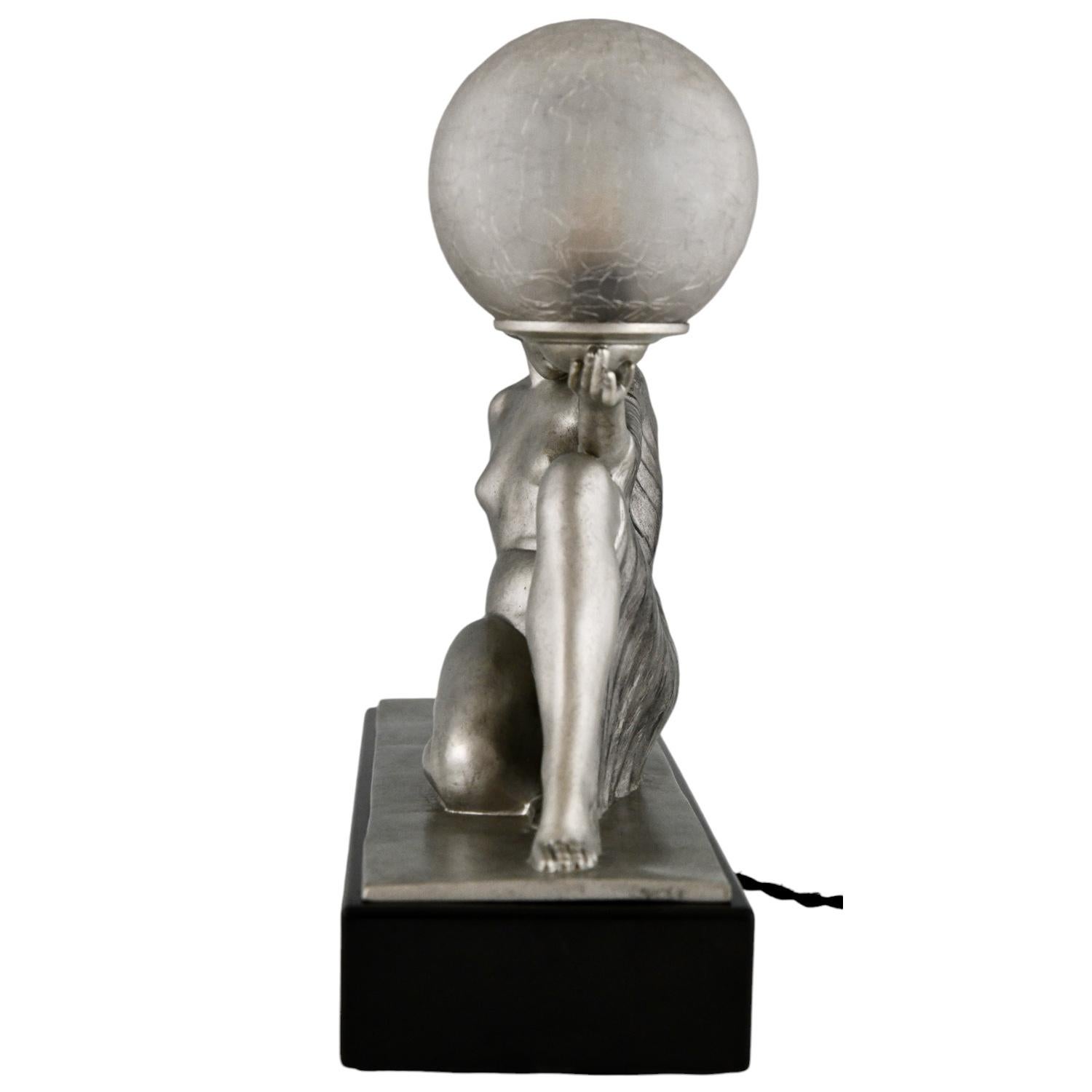 Metal Art Deco Lamp Seated Nude with Drape Guerbe & Max Le Verrier Rèverie France 1930