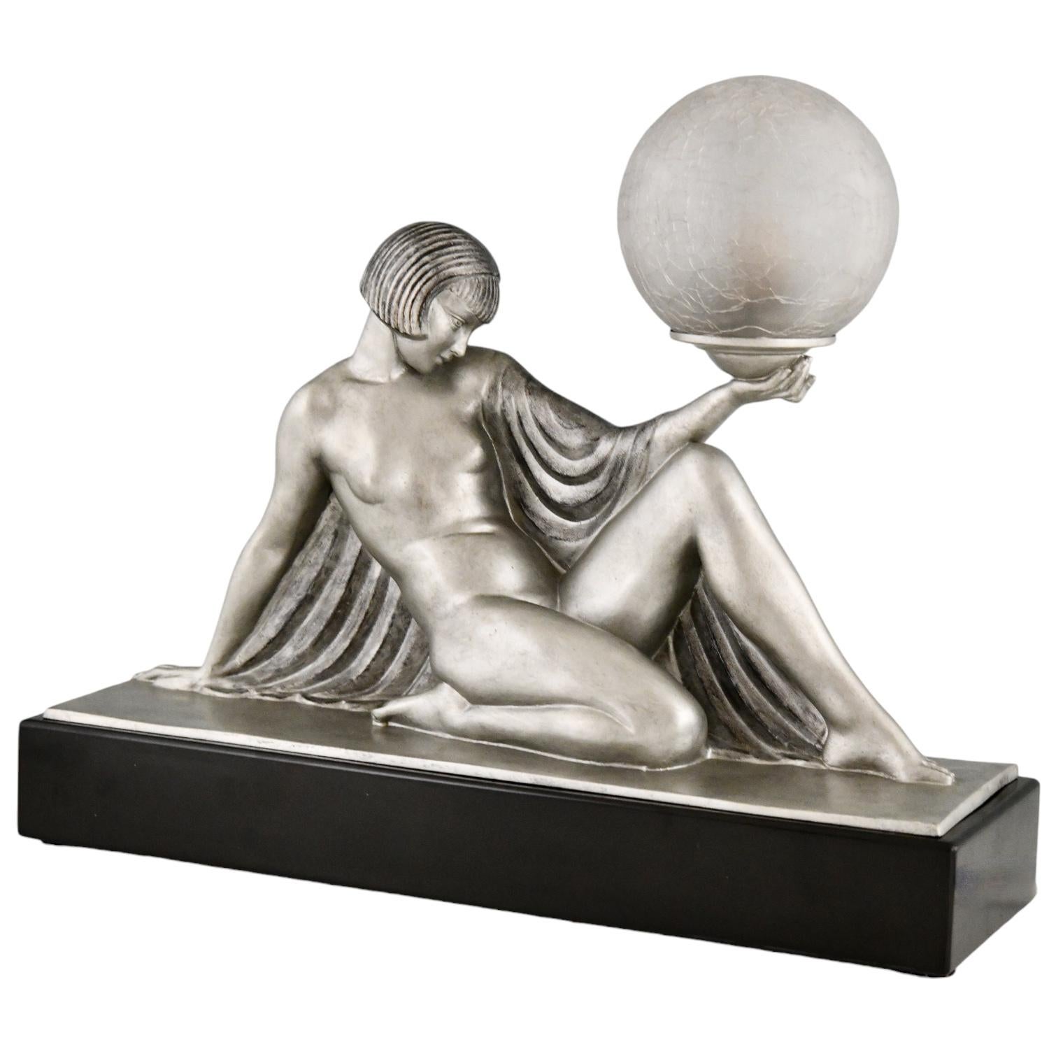 Art Deco Lamp Seated Nude with Drape Guerbe & Max Le Verrier Rèverie France 1930 1