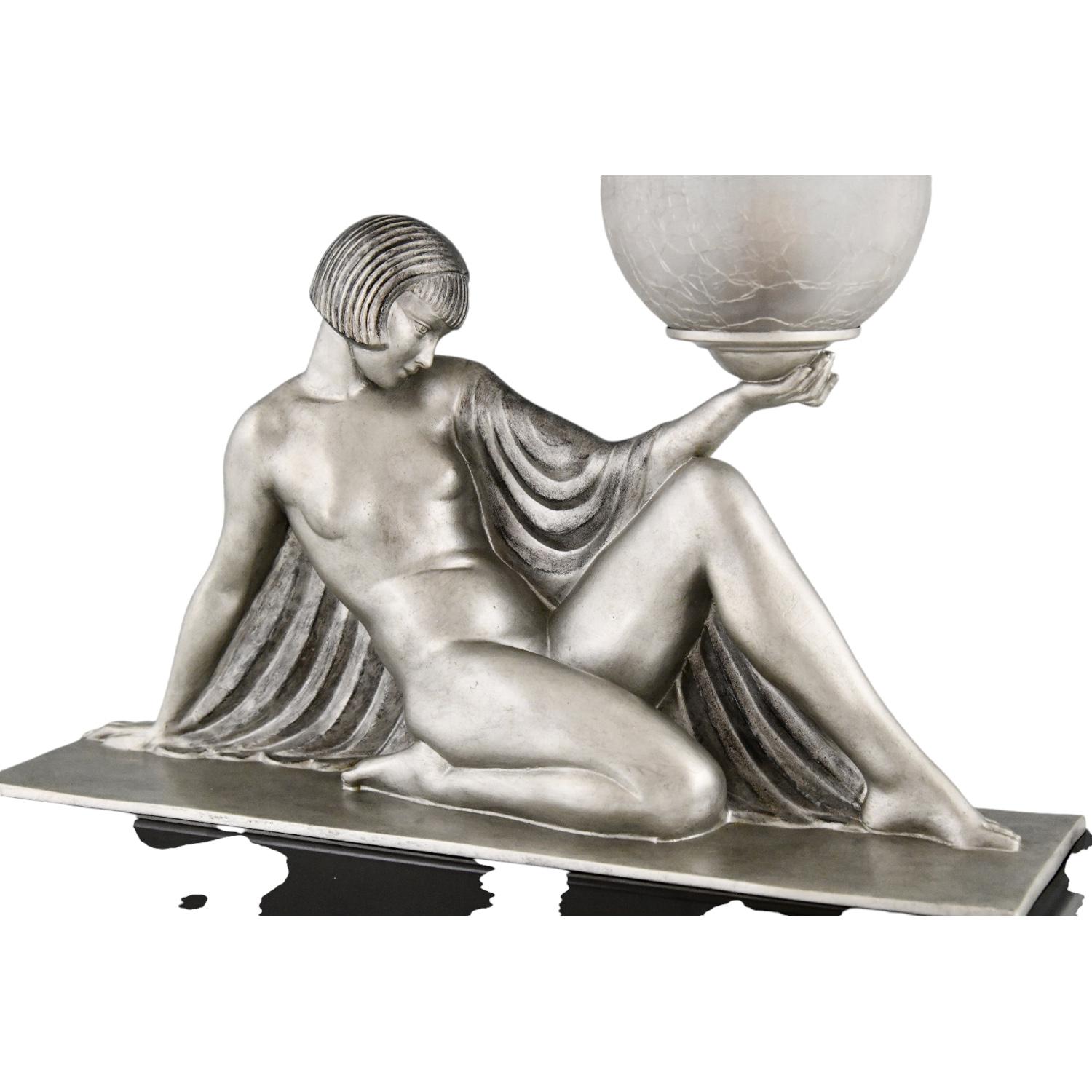 Art Deco Lamp Seated Nude with Drape Guerbe & Max Le Verrier Rèverie France 1930 2