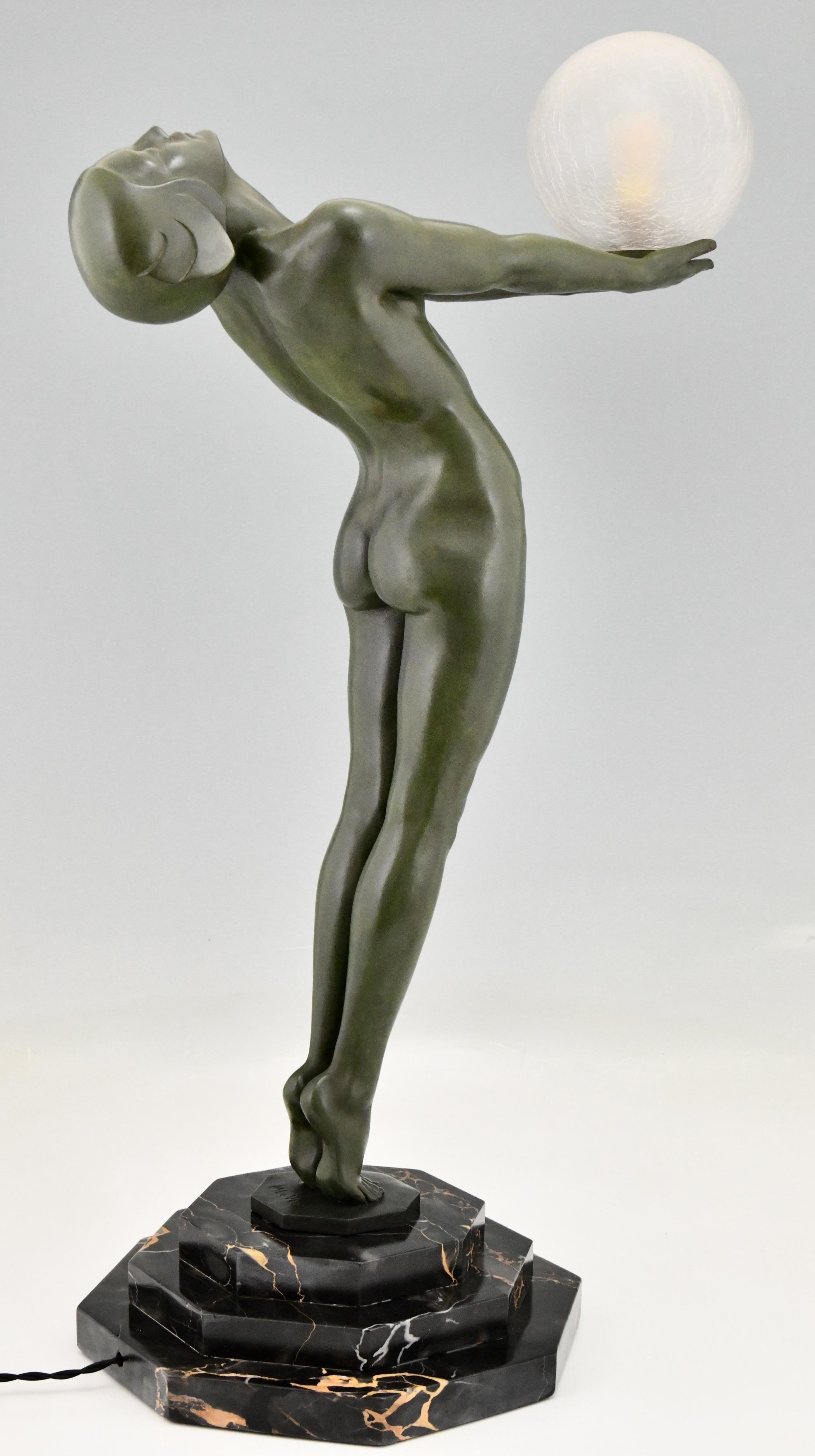 Metal Art Deco Lamp Standing Nude Clarté Max Le Verrier Original, 1928