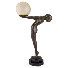 Art Deco Lamp Standing Nude Lumina by Max Le Verrier, Original with Foundry Mark