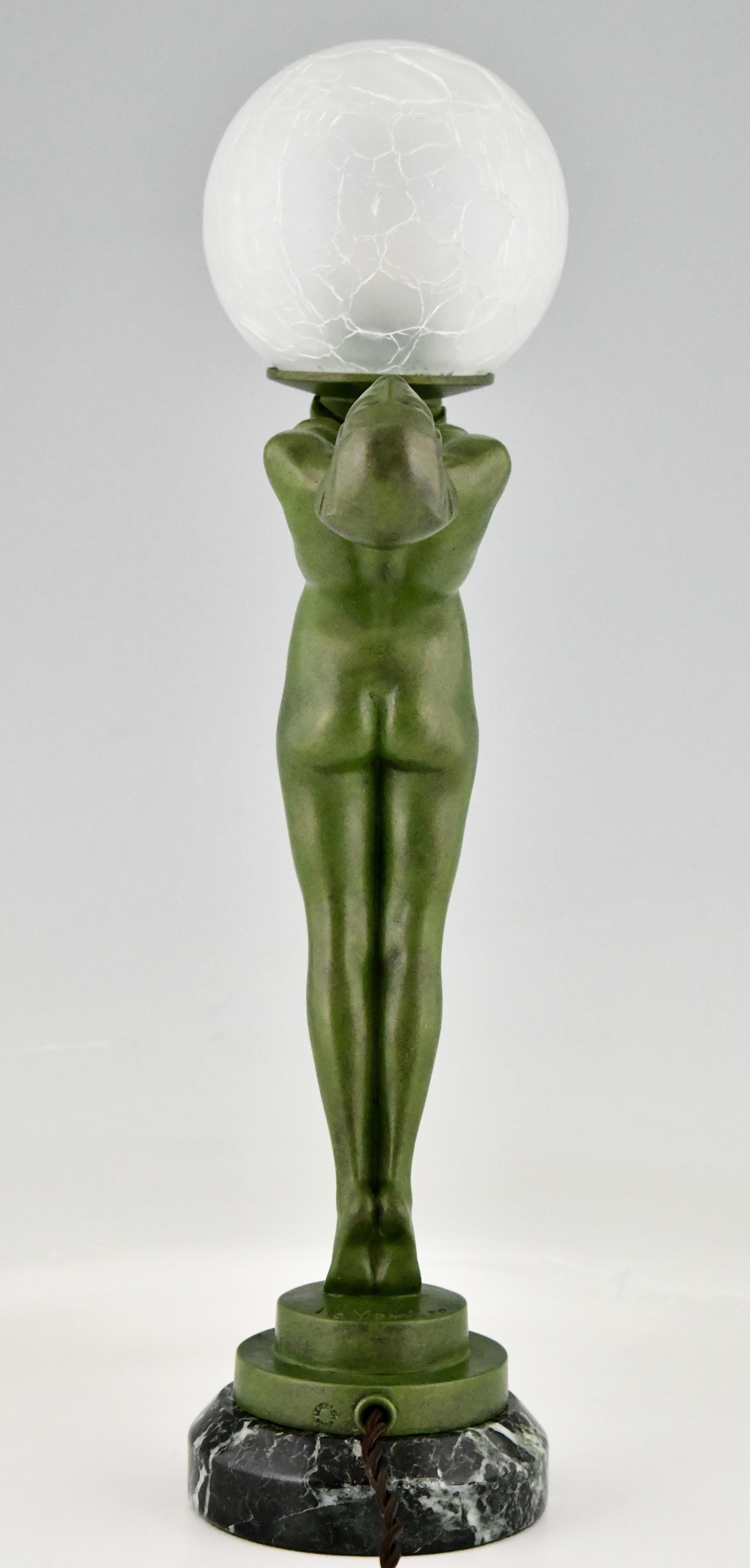 Metal Art Deco Lamp Standing Nude with Ball Clarté by Max Le Verrier Original 1930 For Sale