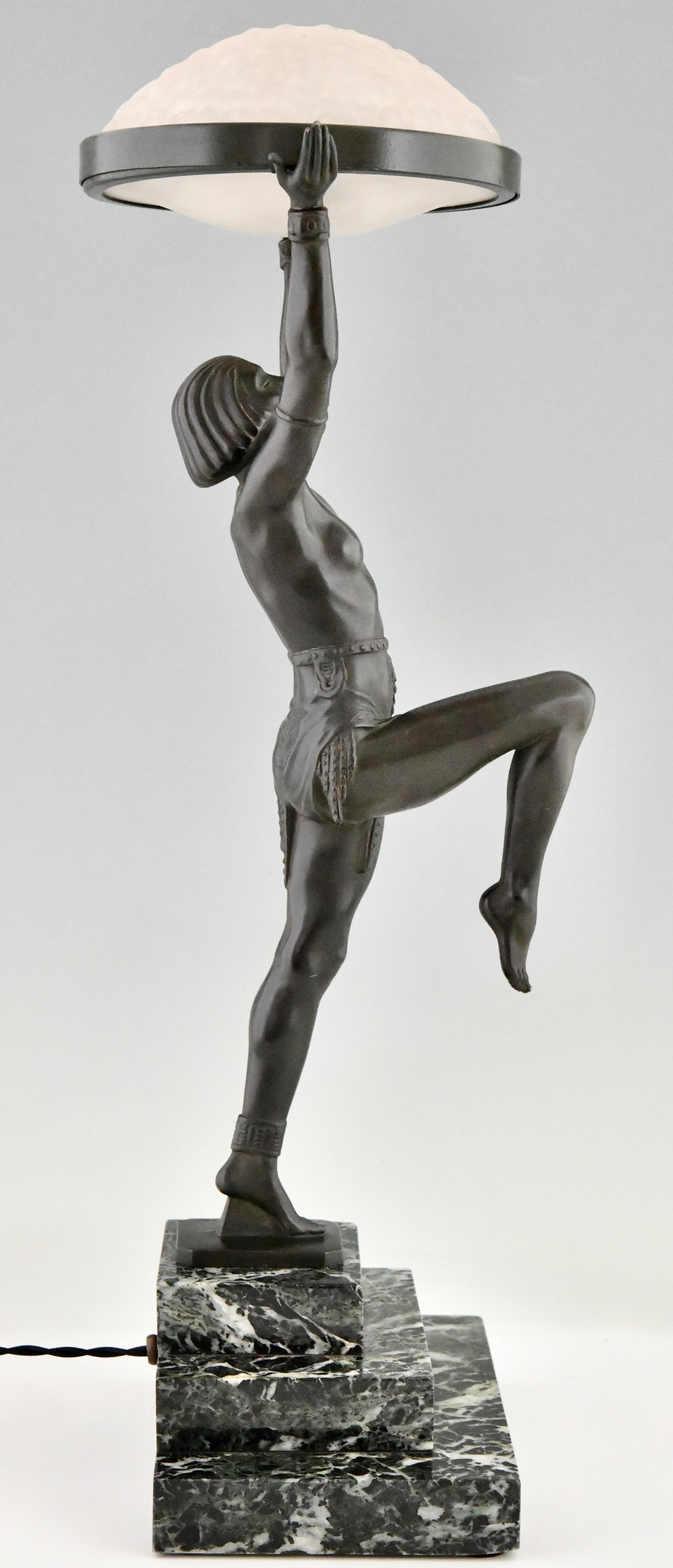 Metal Art Deco Lamp with Dancer Danseuse a la coupe by Max Le Verrier France, 1930