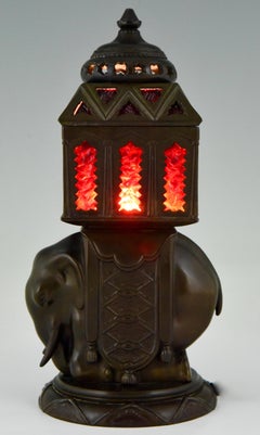 Art Deco Lamp with Elephant and Red Glass Inlay France  1930