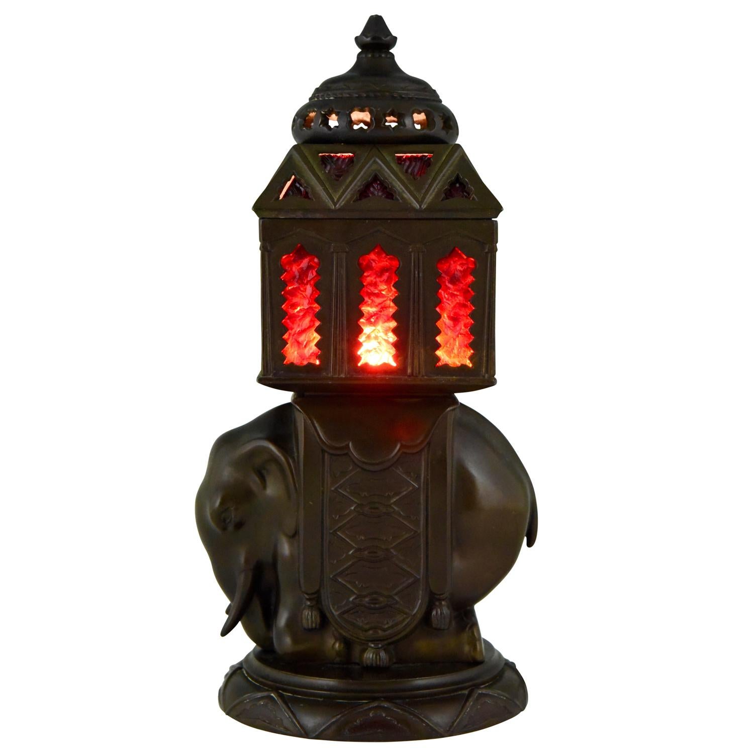 French Art Deco Lamp with Elephant and Red Glass Inlay France  1930