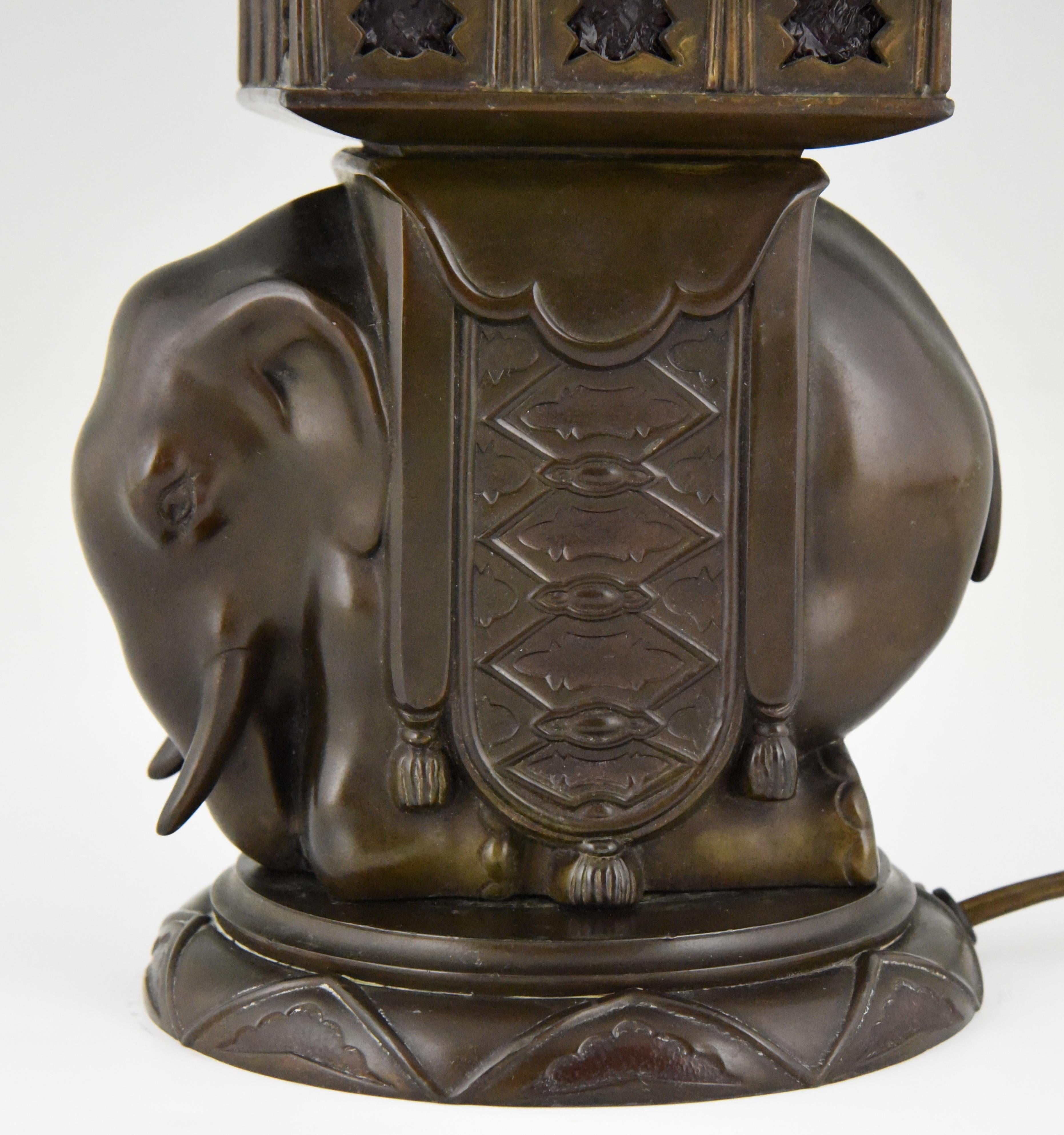 Metal Art Deco Lamp with Elephant and Red Glass Inlay France  1930