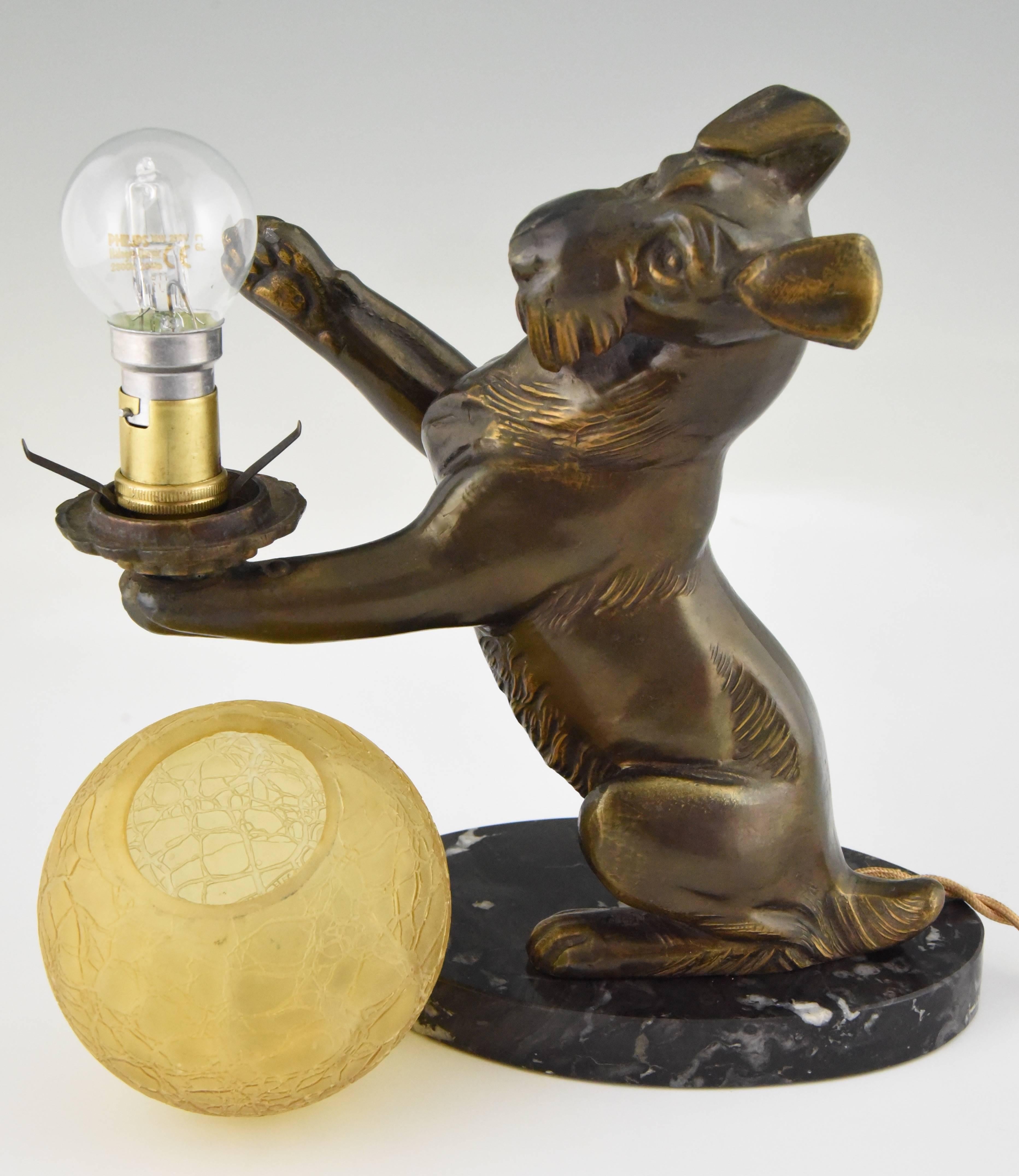 Art Deco Lamp with Fox Terrier Dog Holding a Glass Globe by Rochard, France 1930 1