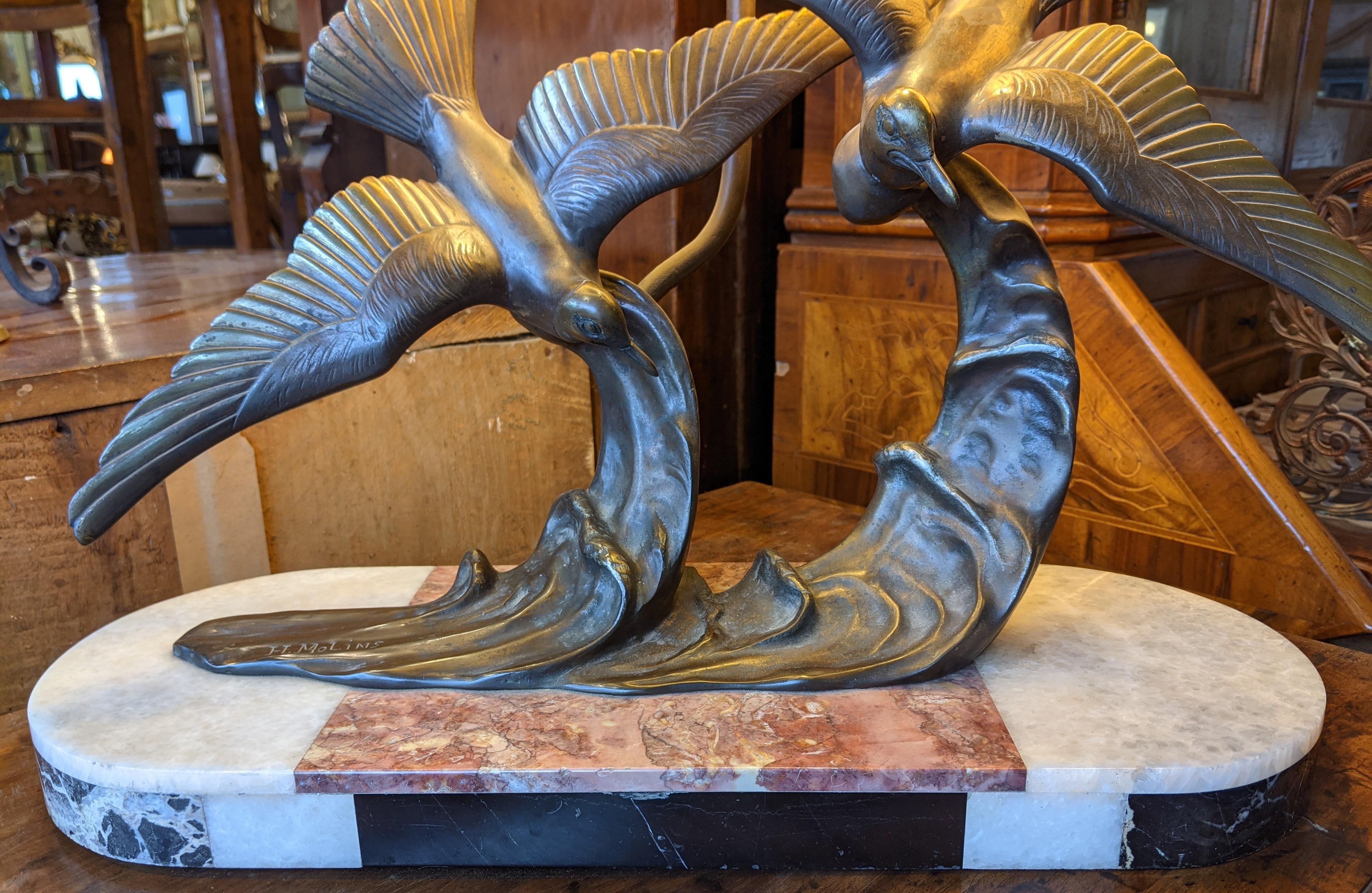 Art Deco Lamp with Sculpted Seagulls, H. Molins, Bronze and Marble For Sale 2