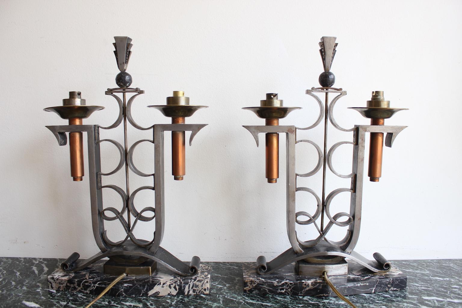 French Art Déco Lamps In Wrought Iron For Sale