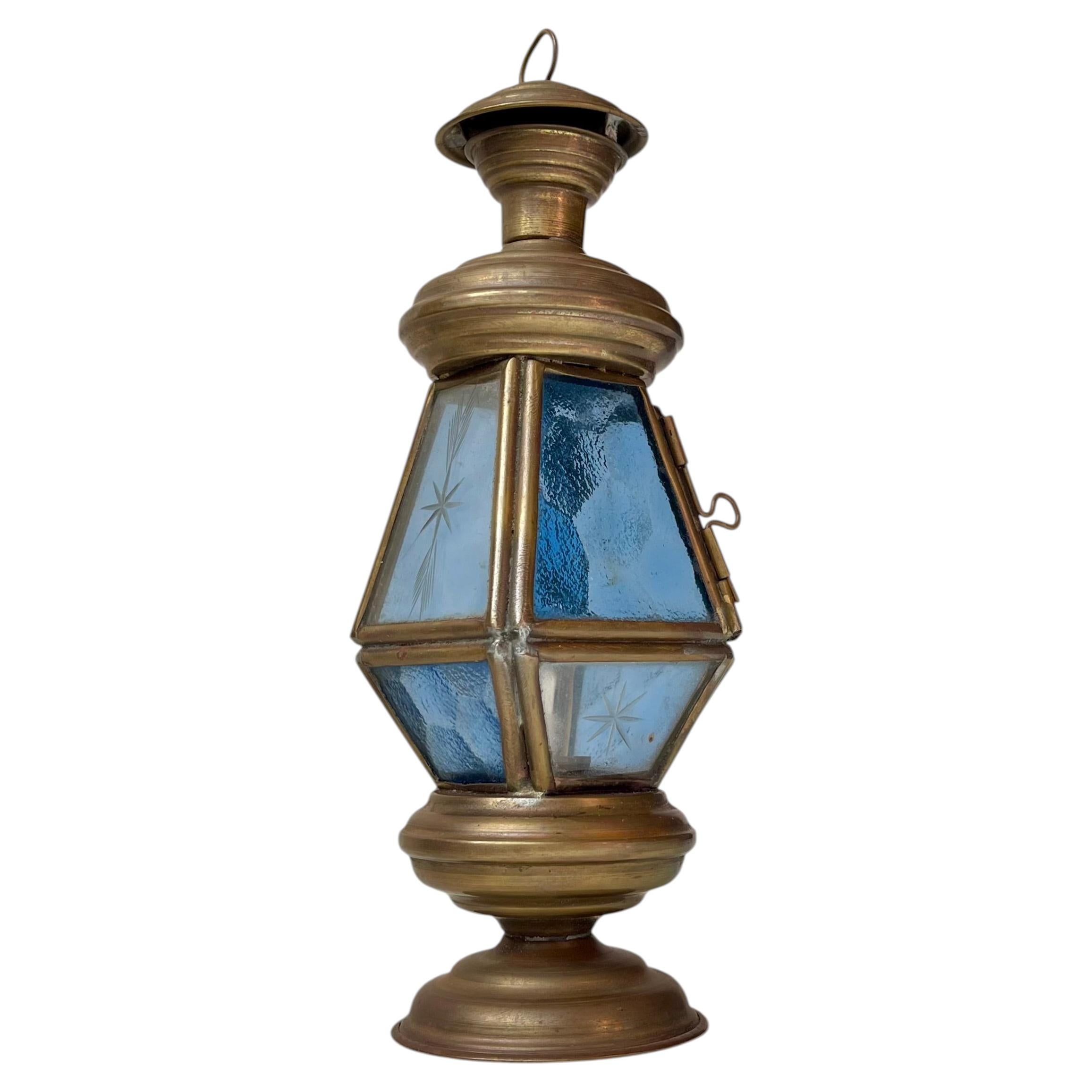 Lanterne Art Déco en laiton, verre gravé et coloré, années 1930