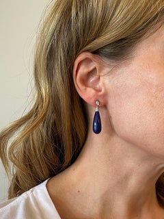 Art Deco Lapis and Diamond Drop Earrings in Platinum
