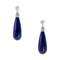 Used Art Deco Lapis and Diamond Drop Earrings in Platinum