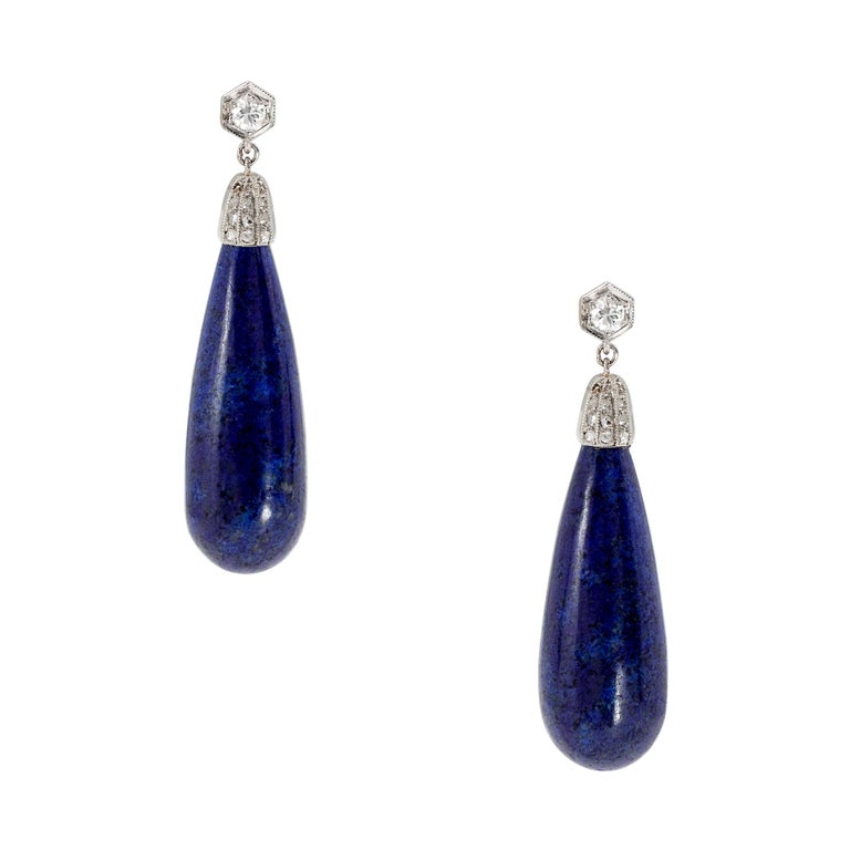 Art Deco Lapis and Diamond Drop Earrings in Platinum For Sale at 1stDibs