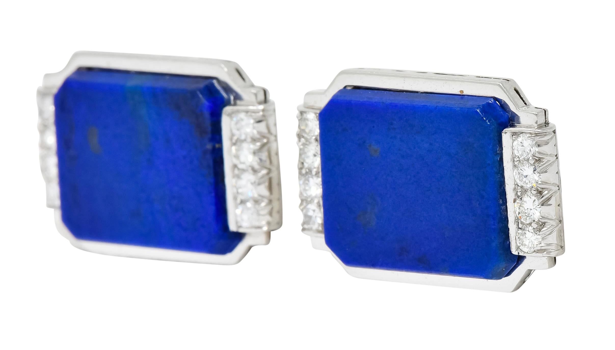 Link style cufflinks terminating on one end as a rectangle while opposing end is a bar

Rectangular end centers tablet cut lapis flanked by round brilliant cut diamonds weighing approximately 0.30 carat; eye-clean and white

Bar end is comprised of
