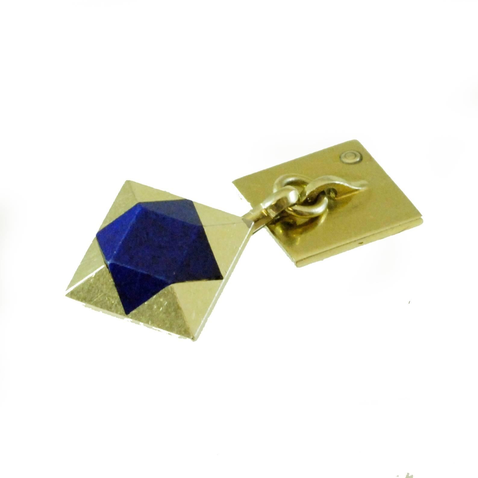 A pair of Art Deco double sided square cufflinks inlaid with off-set square lapis lazuli. 18ct yellow gold. French, circa 1920.