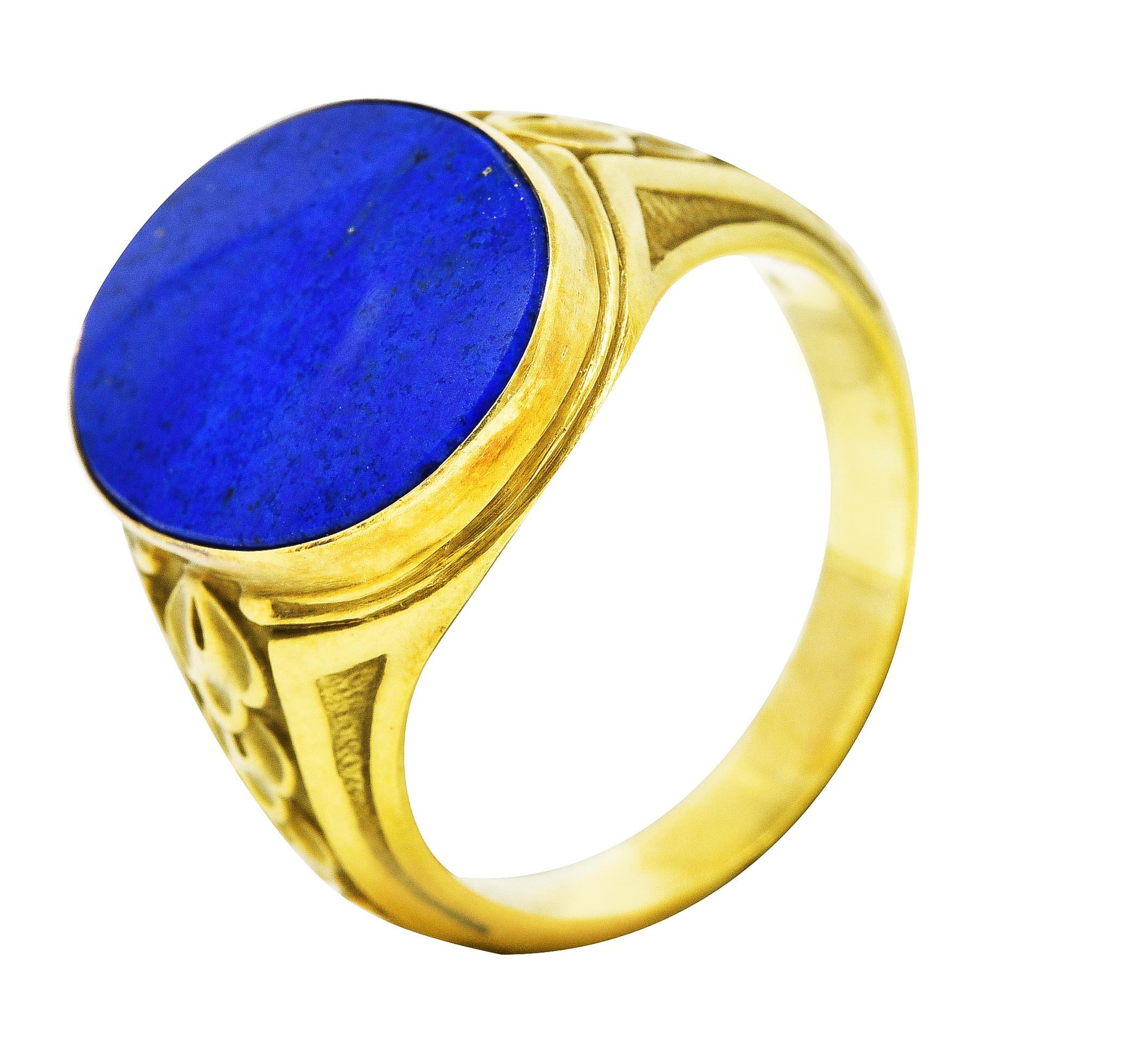 Art Deco Lapis Lazuli 14 Karat Green Gold Unisex Foliate Signet Ring 6