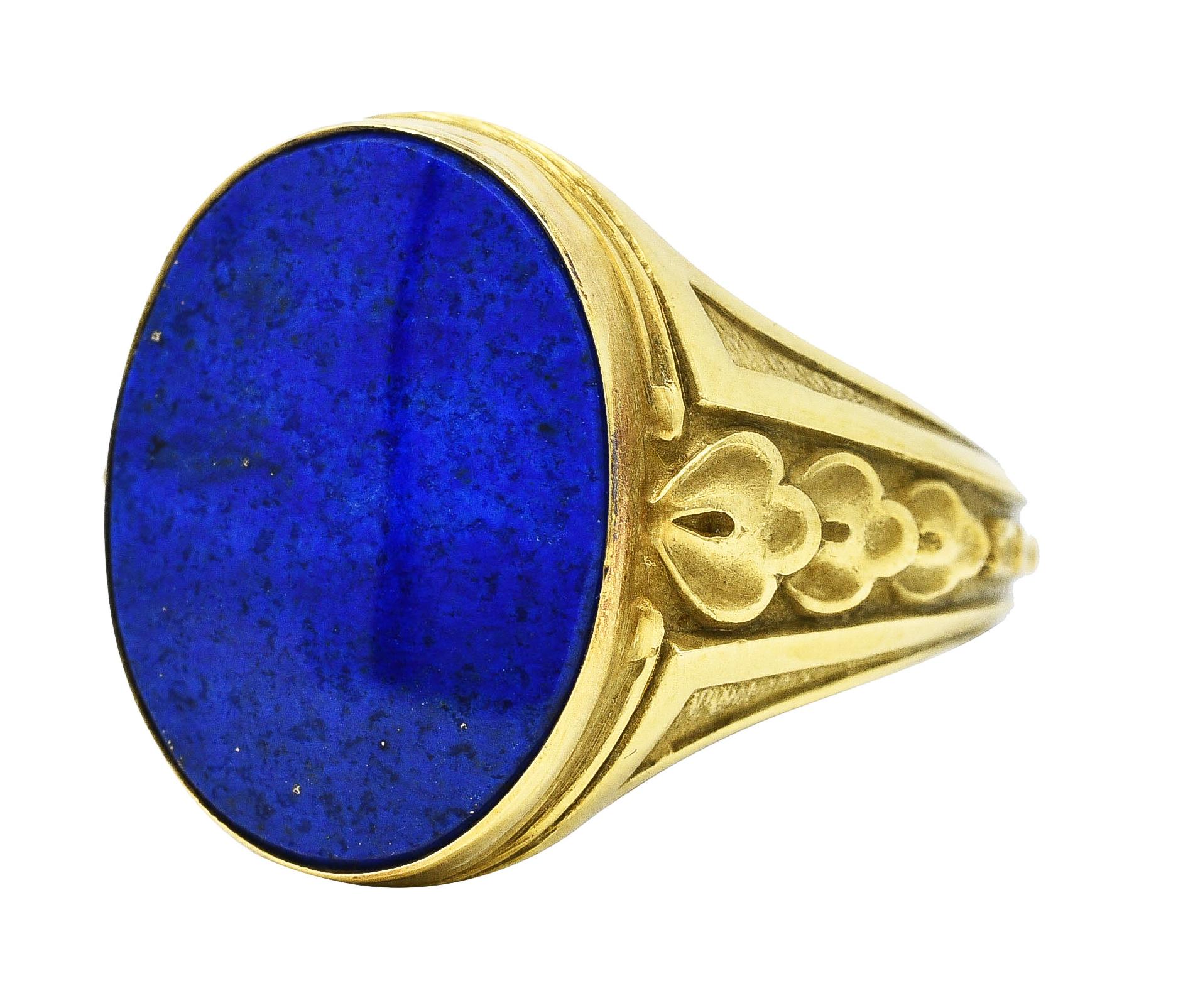 Art Deco Lapis Lazuli 14 Karat Green Gold Unisex Foliate Signet Ring 2