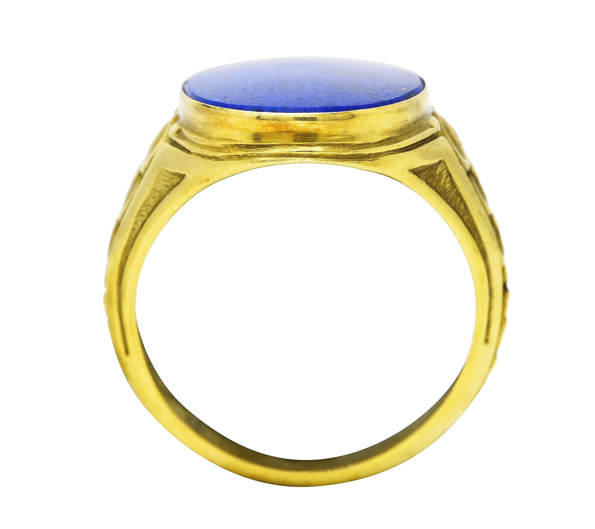 Art Deco Lapis Lazuli 14 Karat Green Gold Unisex Foliate Signet Ring 5