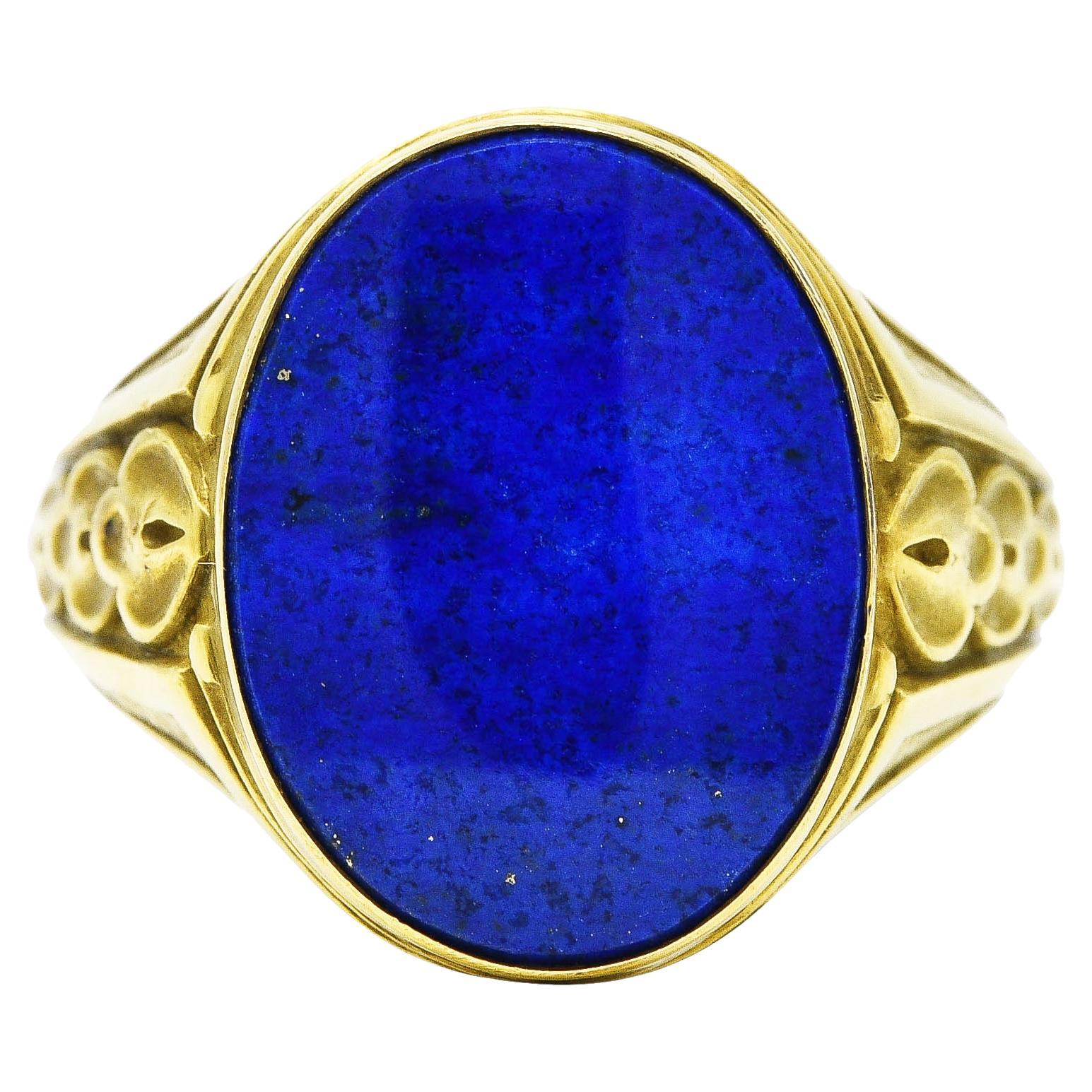 Art Deco Lapis Lazuli 14 Karat Green Gold Unisex Foliate Signet Ring