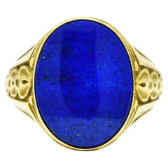 Art Deco Lapis Lazuli 14 Karat Green Gold Unisex Foliate Signet Ring