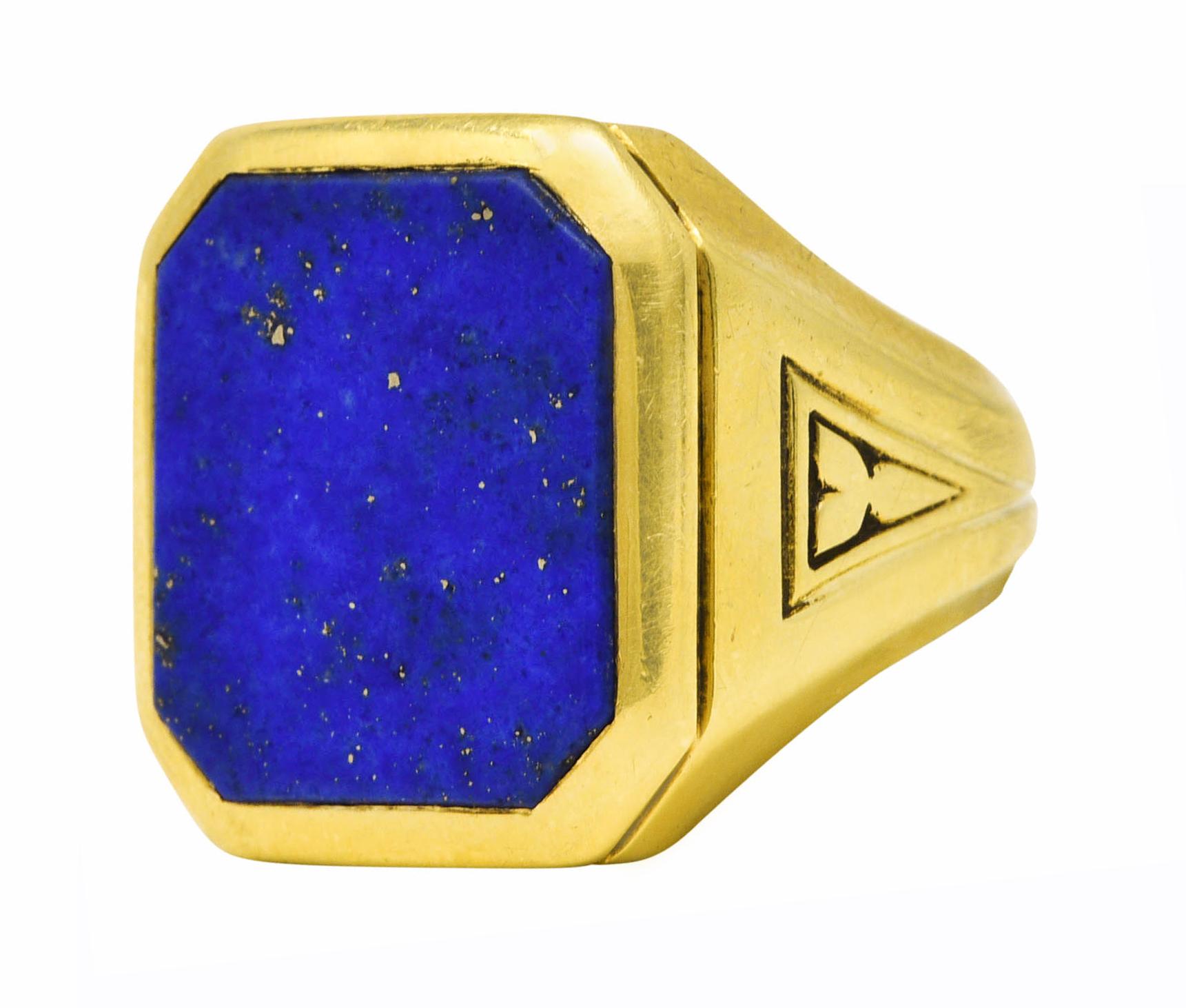 Octagon Cut Art Deco Lapis Lazuli 14 Karat Yellow Gold Unisex Signet Ring