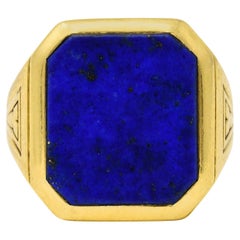 Bague sigillaire unisexe Art déco en or jaune 14 carats et lapis-lazuli