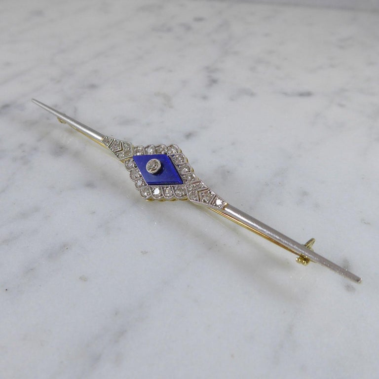 Old European Cut Art Deco Lapis Lazuli and Diamond Brooch, 15 Carat Gold For Sale
