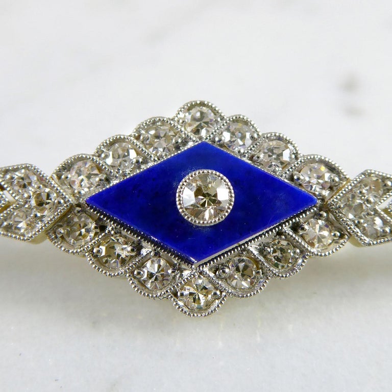 Art Deco Lapis Lazuli and Diamond Brooch, 15 Carat Gold For Sale 2