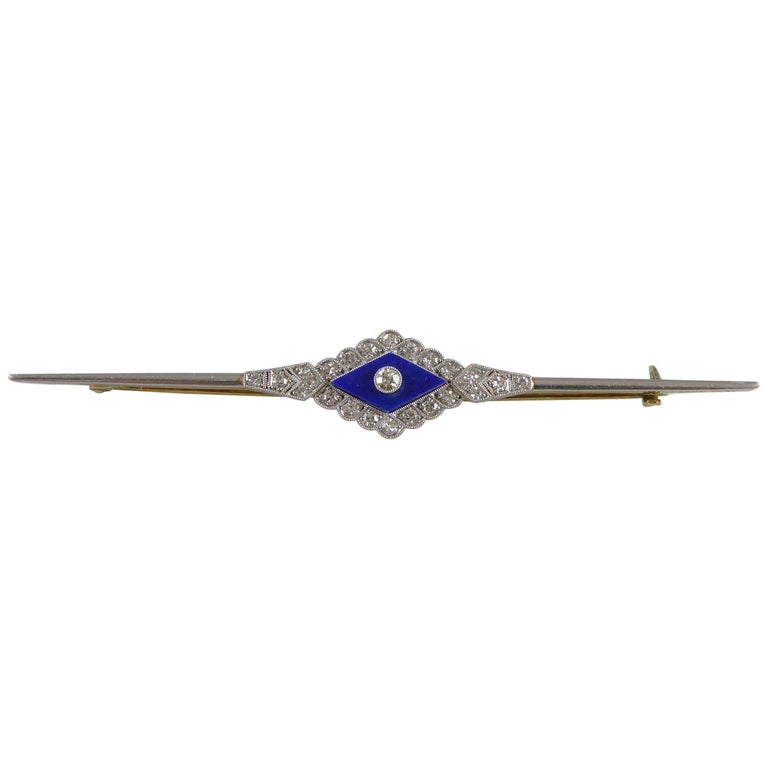 Art Deco Lapis Lazuli and Diamond Brooch, 15 Carat Gold For Sale