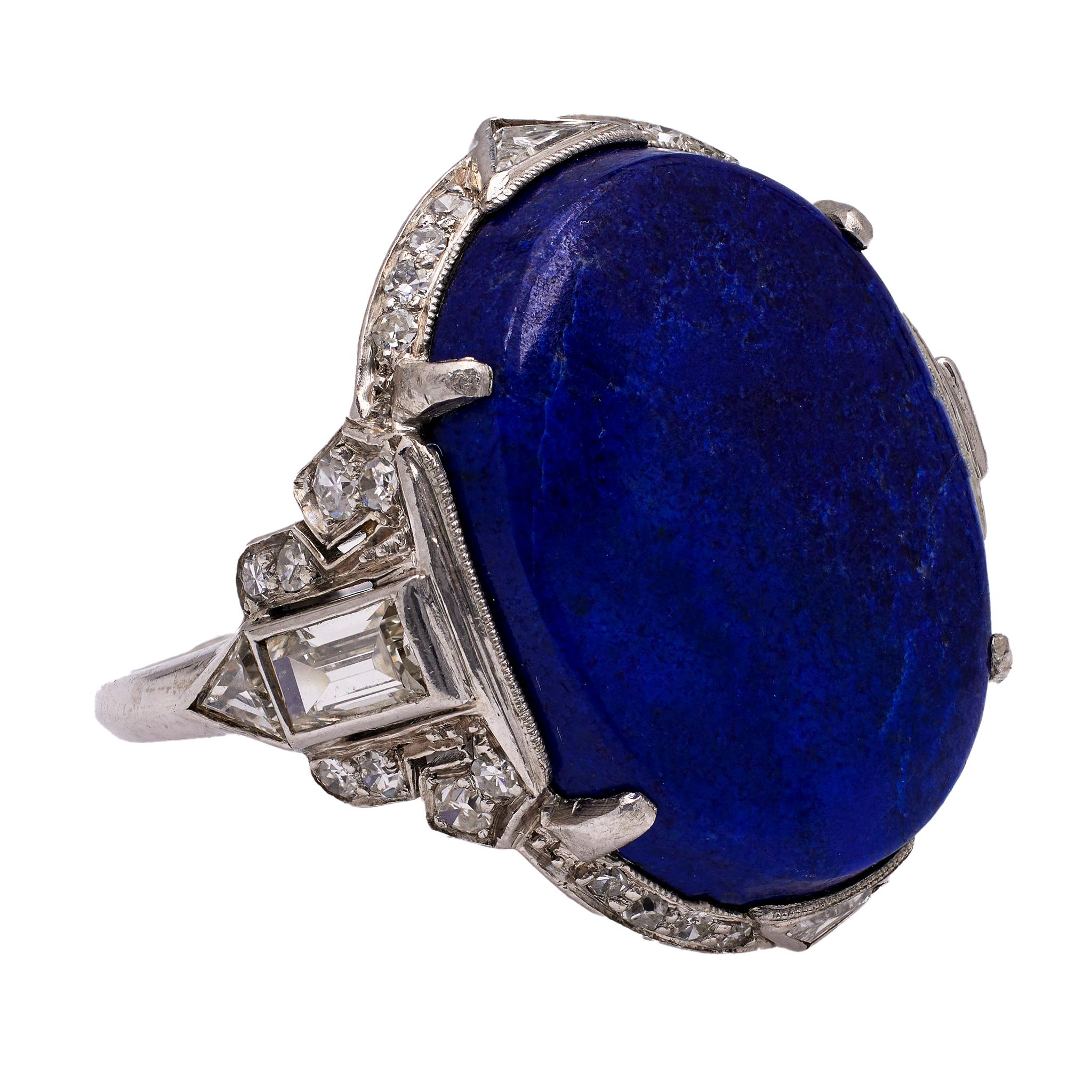 Women's or Men's Art Deco Lapis Lazuli and Diamond Platinum Ring For Sale