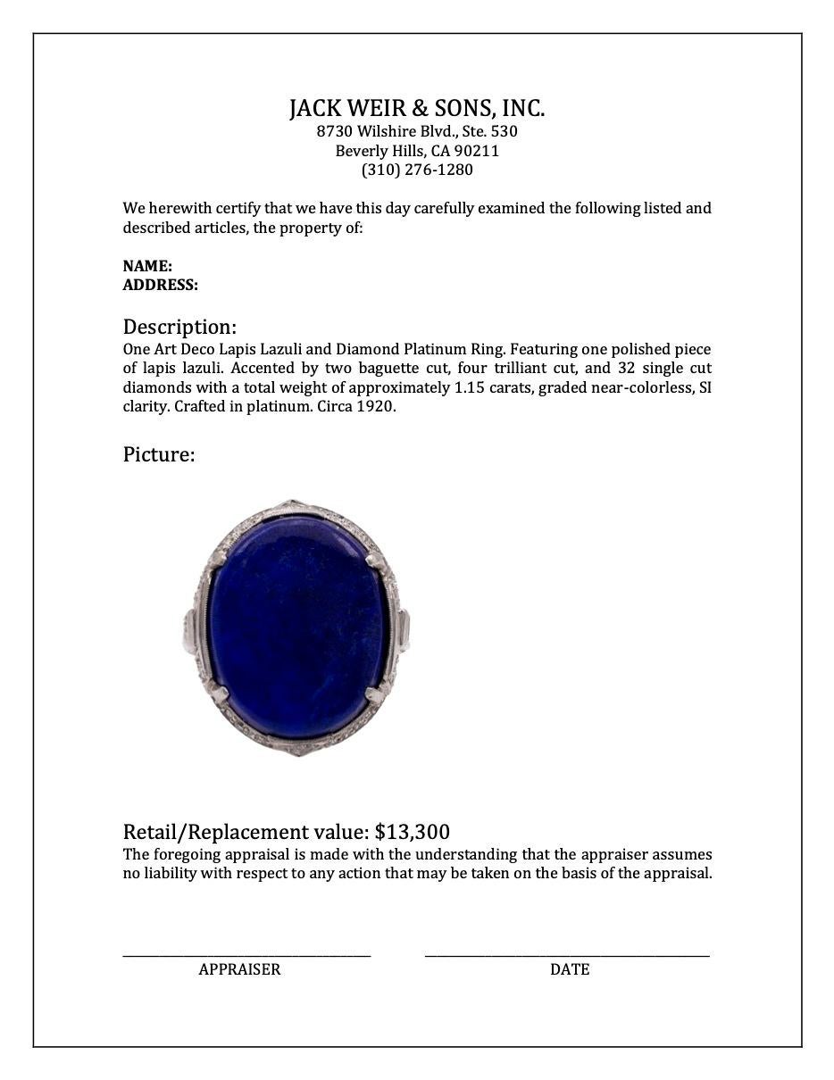 Art Deco Lapis Lazuli and Diamond Platinum Ring For Sale 2
