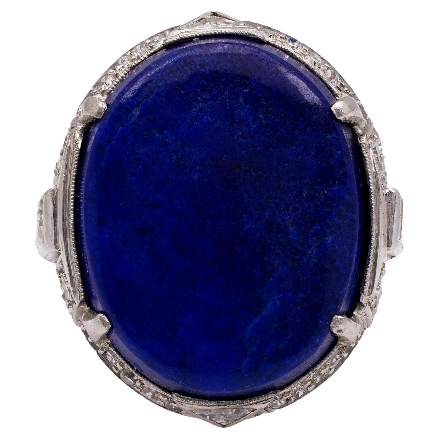 Art Deco Lapis Lazuli and Diamond Platinum Ring